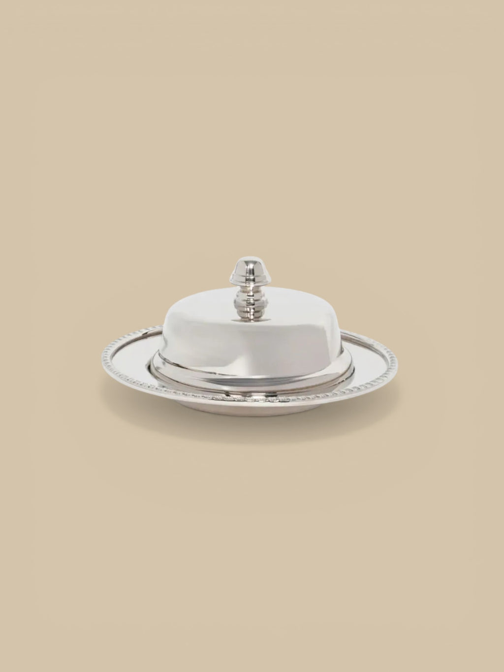 Homestyle Collective Parisian silver and glass butter dish with decorative beaded edge and knobbed lid.