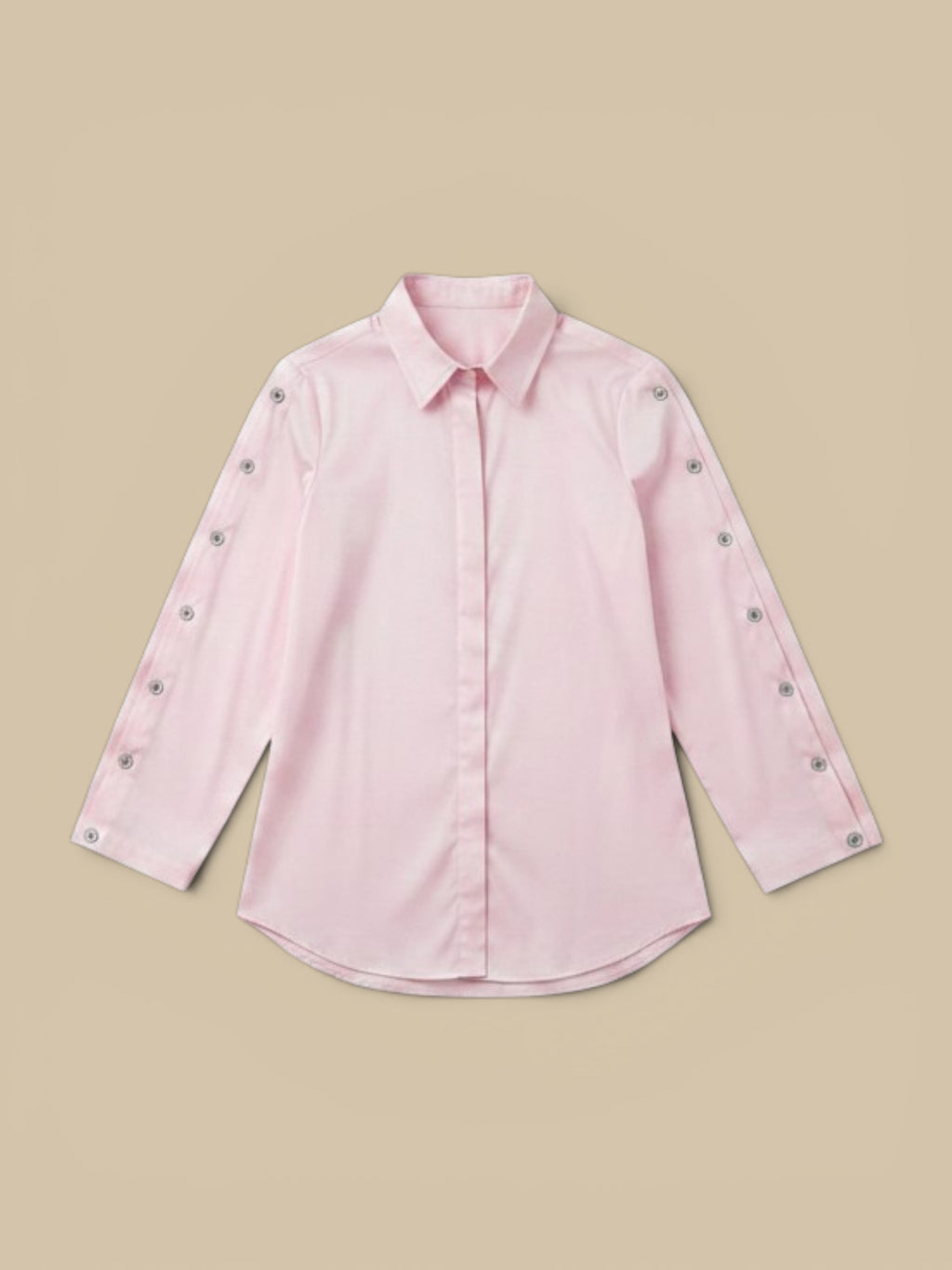 Homestyle Collective Finley Bianchi pink poplin shirt with 3/4 sleeves featuring button details and a high-low hem.