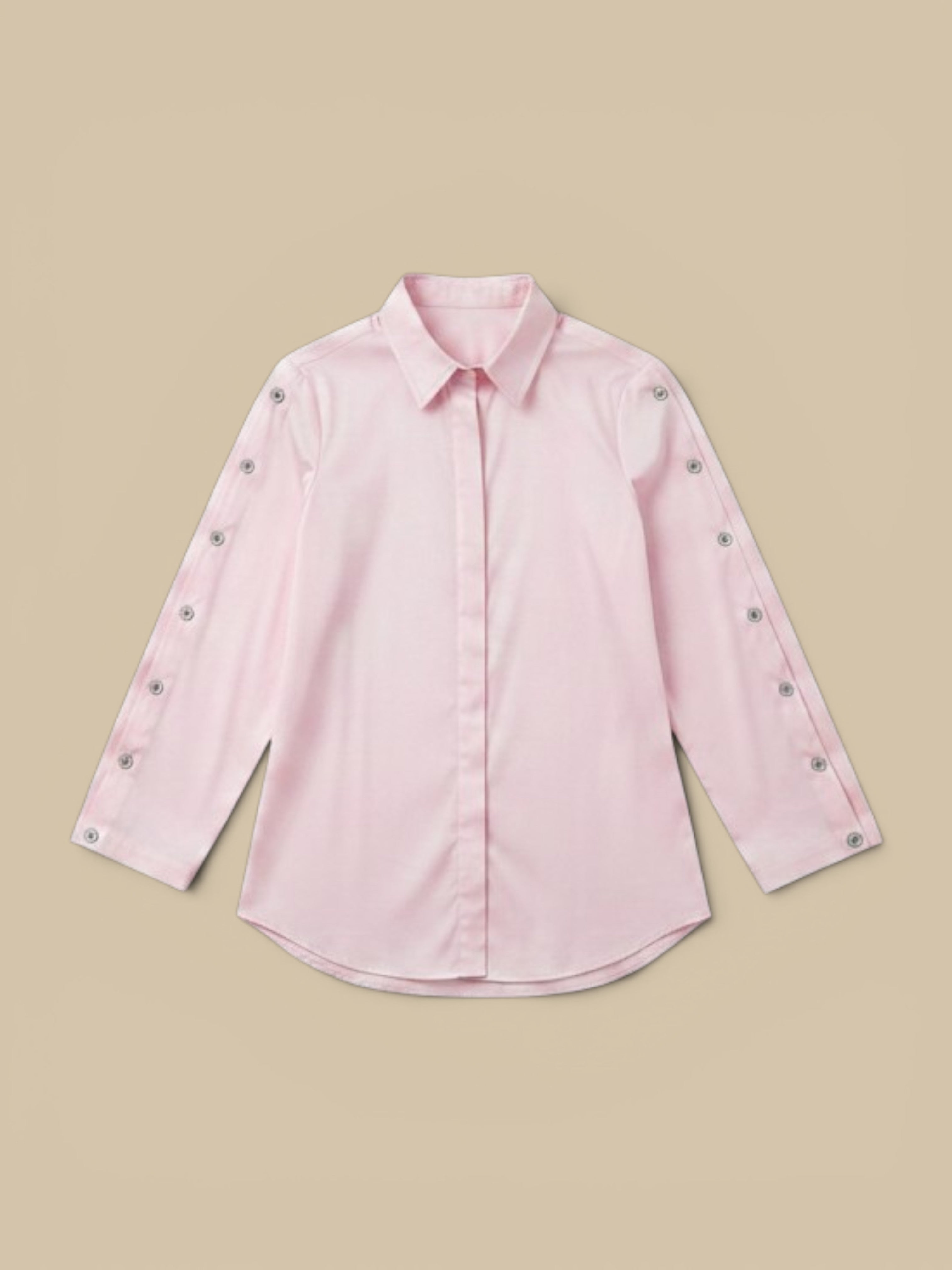 Homestyle Collective Finley Bianchi pink poplin shirt with 3/4 sleeves featuring button details and a high-low hem.