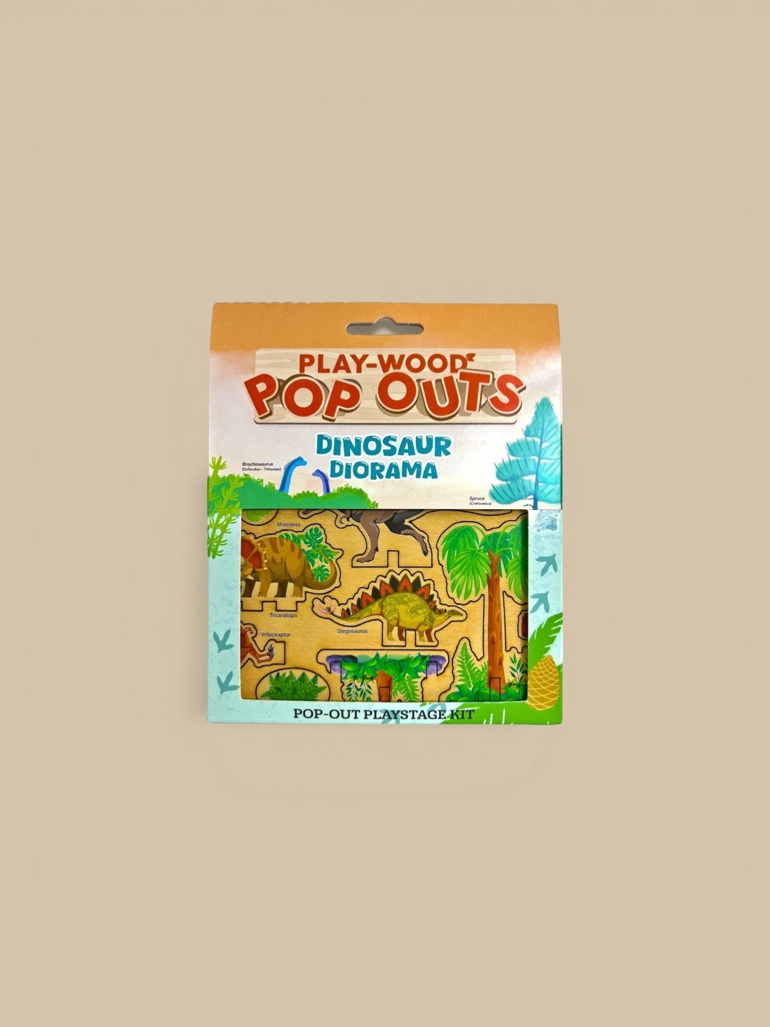 Homestyle Collective Play-Wood Pop-Outs Dinosaur Diorama kit made from maple laminate with pop-out dinosaur figures and scenery.
