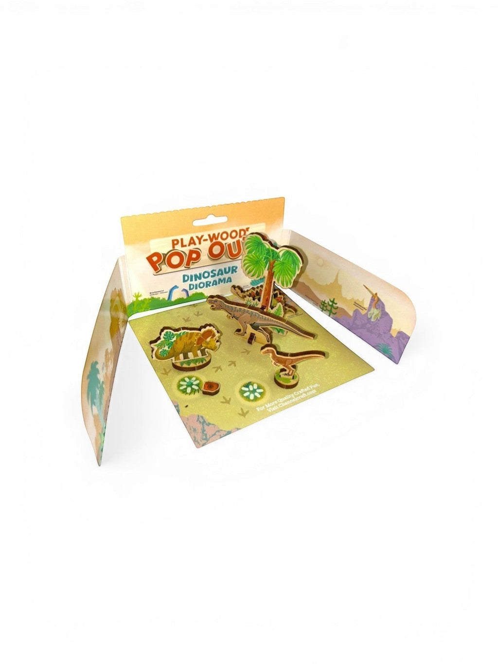 Homestyle Collective Play-Wood Pop-Outs Dinosaur Diorama, crafted from maple laminate, featuring pop-out wooden dinosaurs and trees.