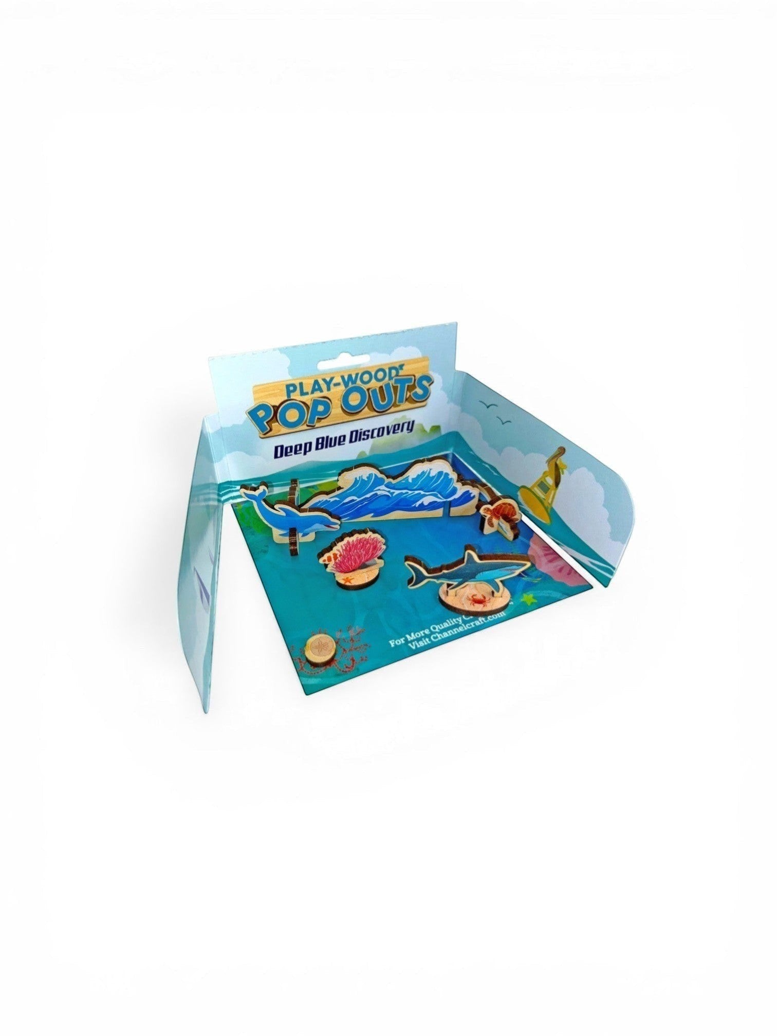 Homestyle Collective Play-Wood Pop-Outs Deep Blue Discovery set with maple laminate ocean animals and waves.
