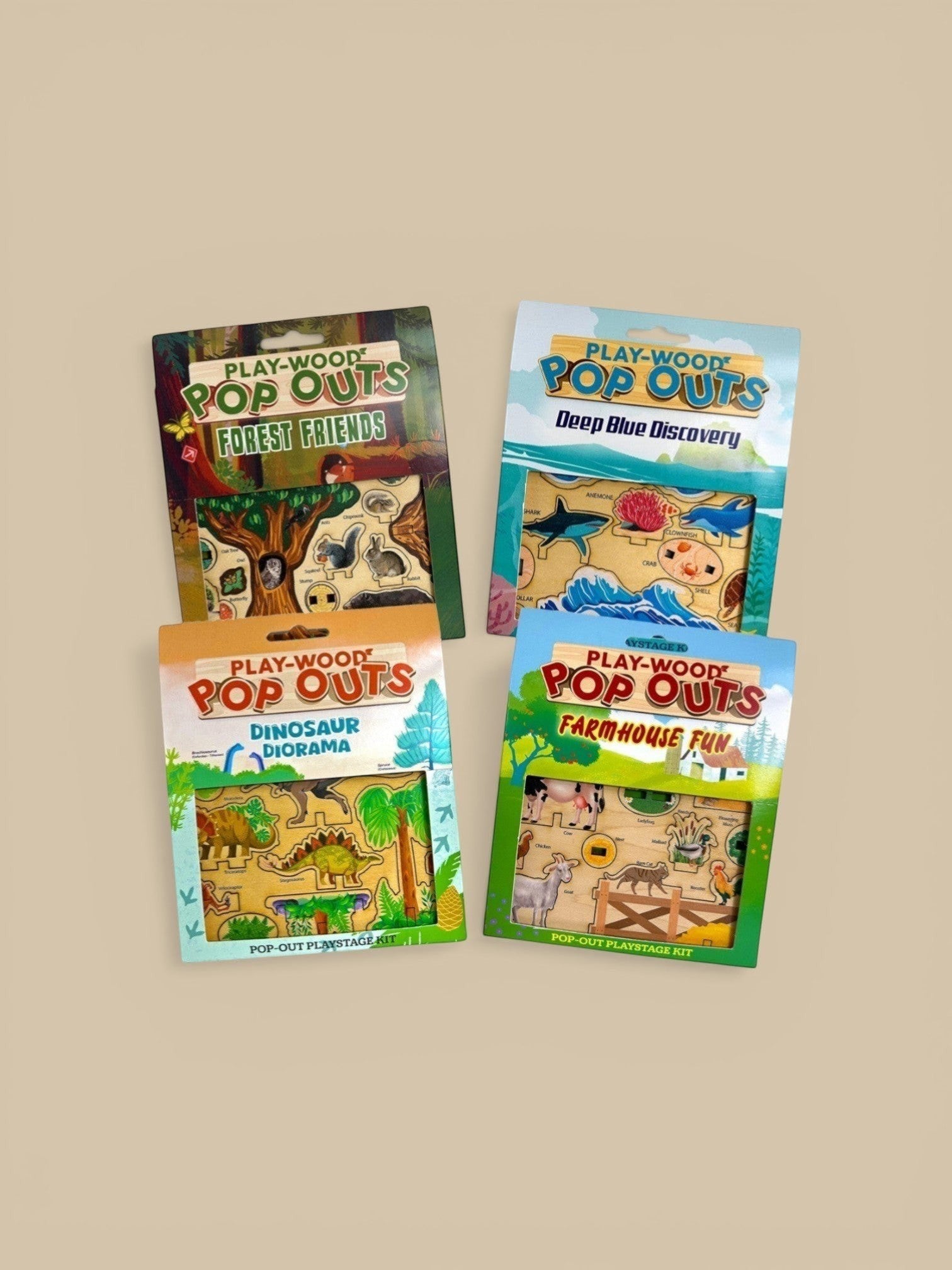 Homestyle Collective Play-Wood Pop-Outs are maple laminate dioramas for kids. Choose from Forest Friends, Deep Blue Discovery, Dinosaur Diorama, or Farmhouse Fun.