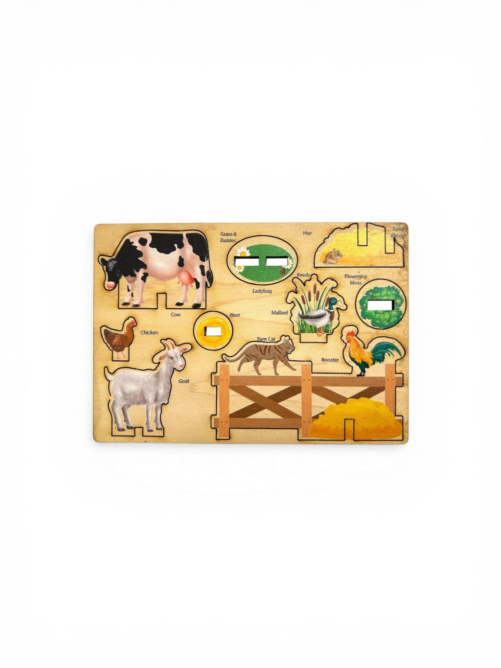 Homestyle Collective Play-Wood Pop-Outs: maple laminate farm animal puzzle with cow, chicken, goat, cat, rooster, duck, mouse, and fence.