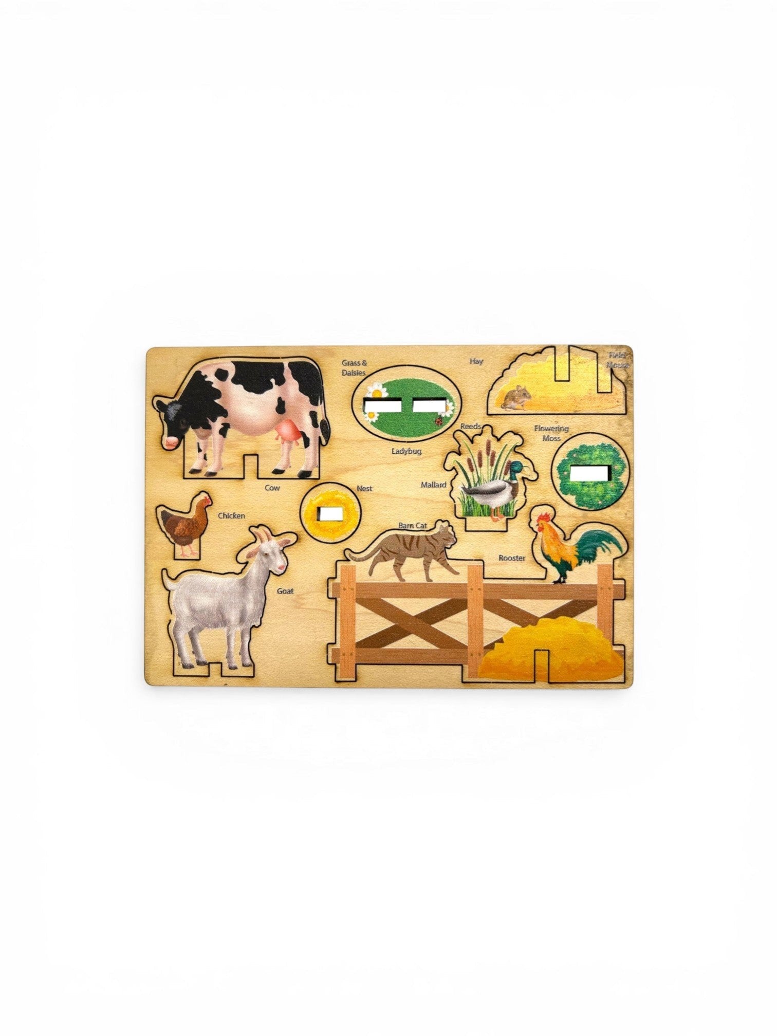 Homestyle Collective Play-Wood Pop-Outs: maple laminate farm animal puzzle with cow, chicken, goat, cat, rooster, duck, mouse, and fence.