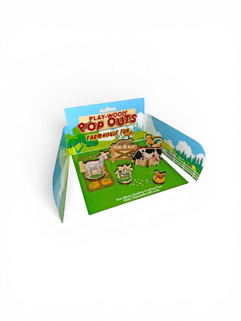 Homestyle Collective Play-Wood Pop-Outs Farmhouse Fun wooden toy set with cow, goat, chicken, cat, and pond. Maple laminate.
