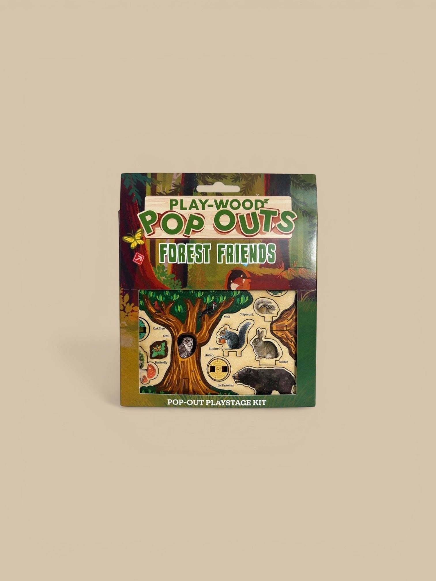 Homestyle Collective Play-Wood Pop-Outs Forest Friends playstage kit with maple laminate pieces including an oak tree, owl, squirrel, rabbit, bear, butterfly, and more.