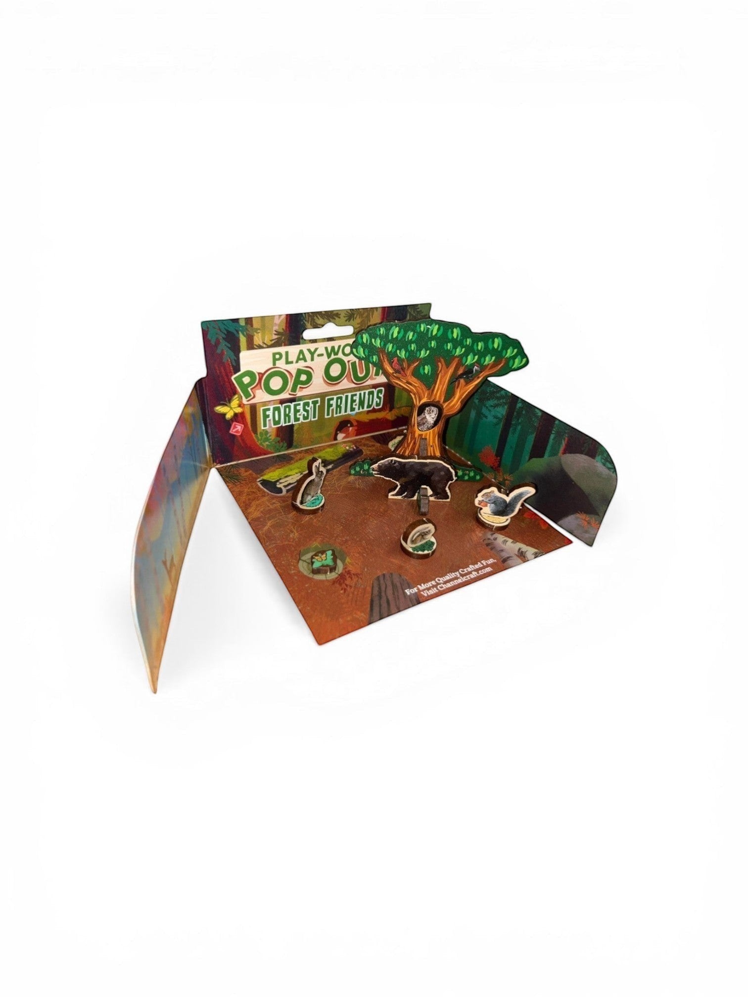 Homestyle Collective Play-Wood Pop-Outs Forest Friends diorama with maple laminate bear, rabbit, squirrel, and tree.