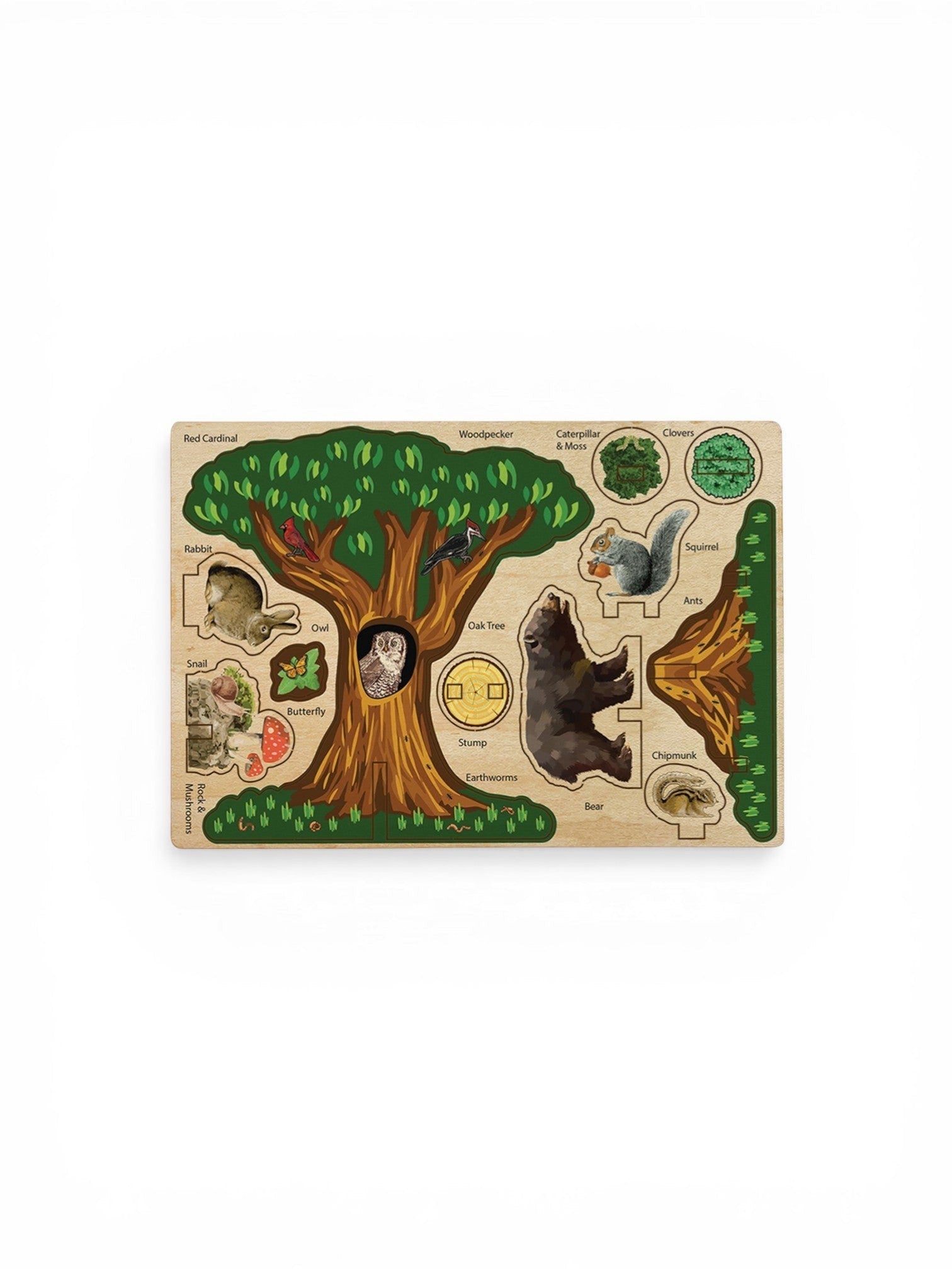 Homestyle Collective Play-Wood Pop-Outs, maple laminate forest scene with bear, owl, rabbit, squirrel, cardinal, woodpecker, and more.