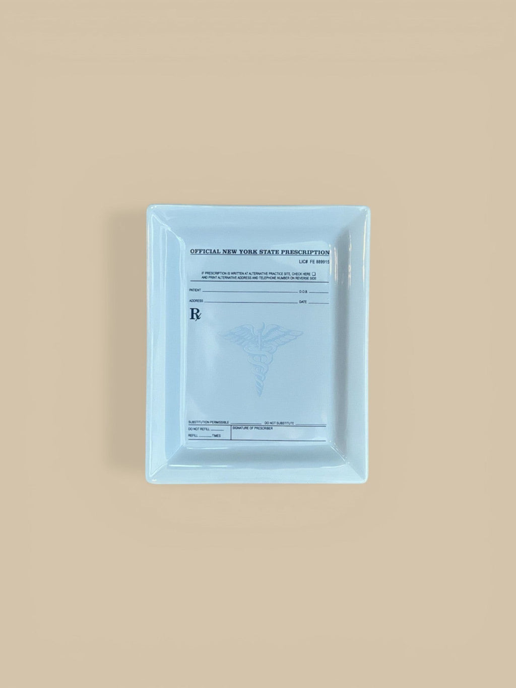 Homestyle Collective white ceramic tray designed like a New York State prescription pad, 5.5" L x 7" W.