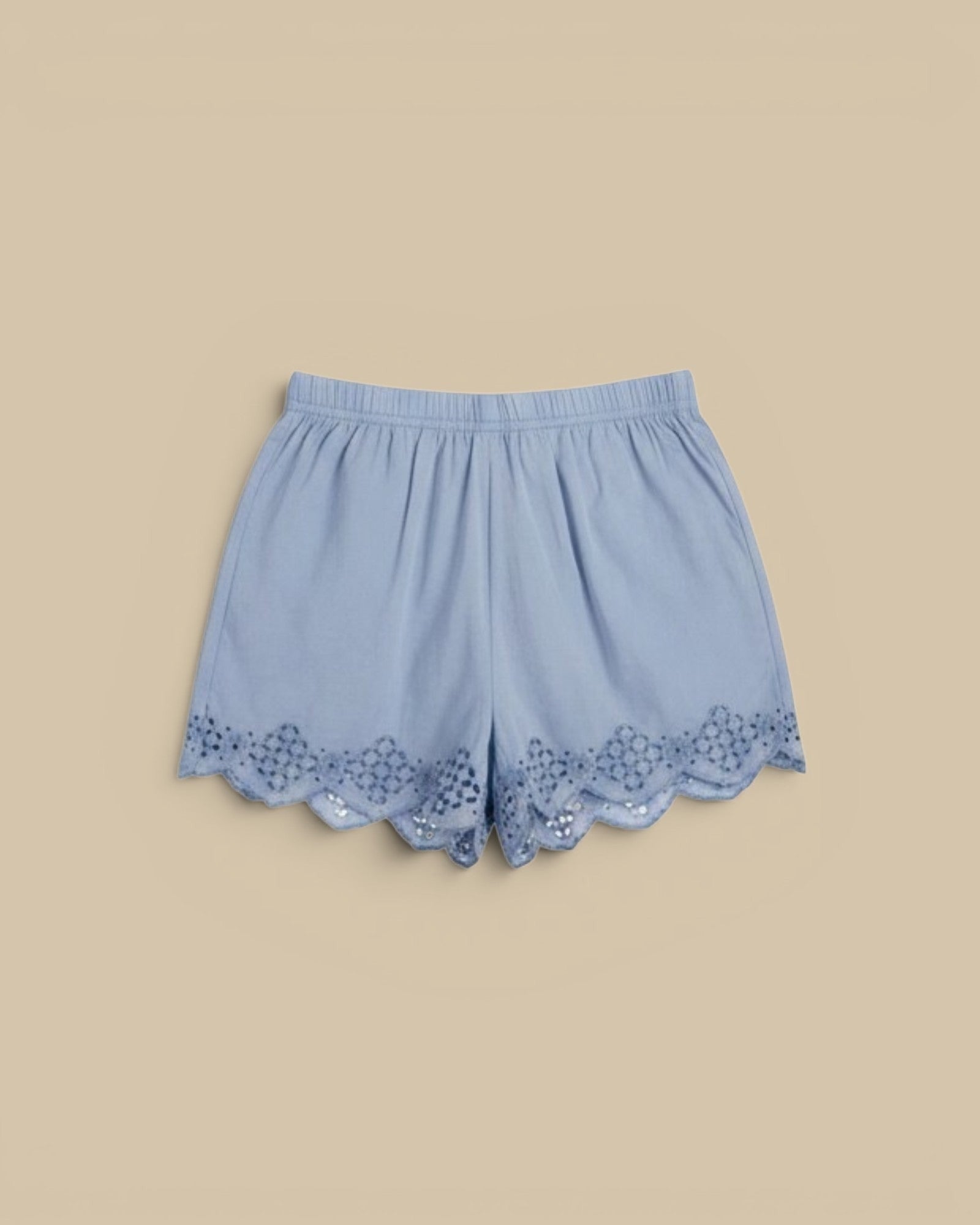 Homestyle Collective light blue cotton silk shorts with eyelet trim and elastic waistband. Relaxed fit, 2-inch inseam.