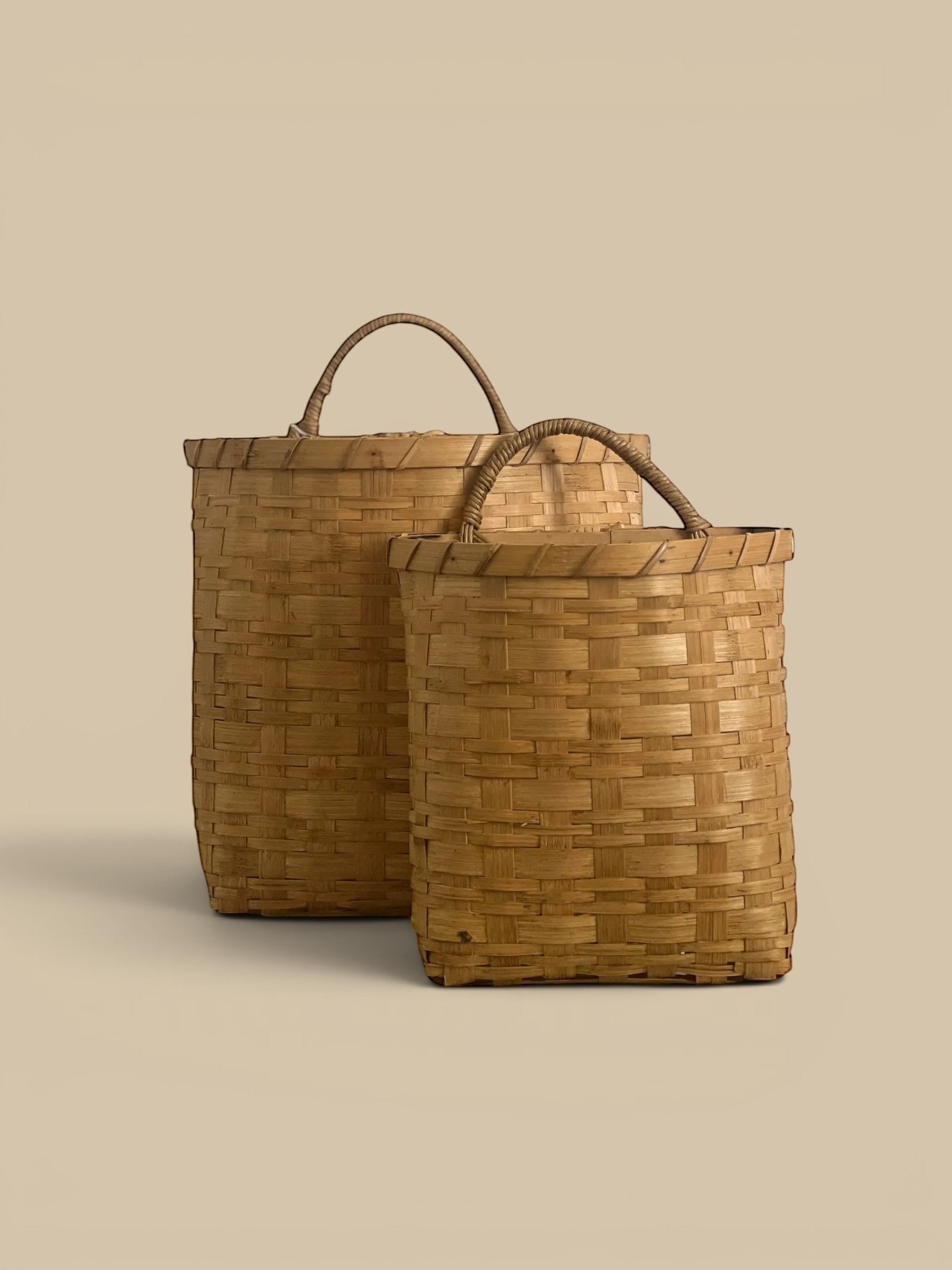 Homestyle Collective set of 2 natural rattan hanging baskets with built-in handles, flat backs, and woven texture.