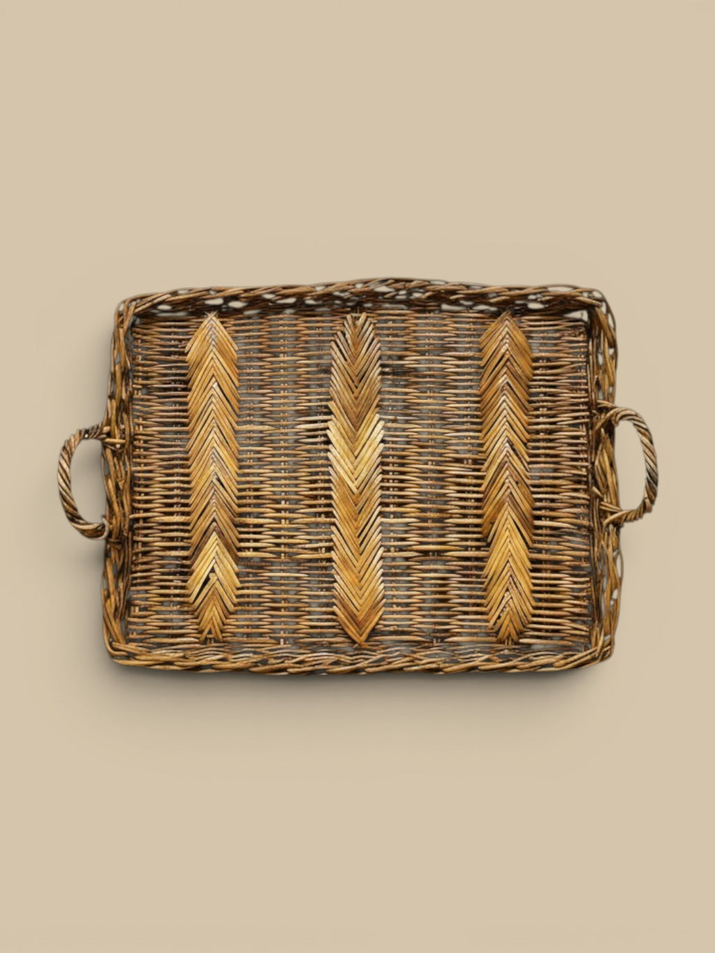 Homestyle Collective Valero Rattan Tray Set with herringbone weave and handles. Natural brown.