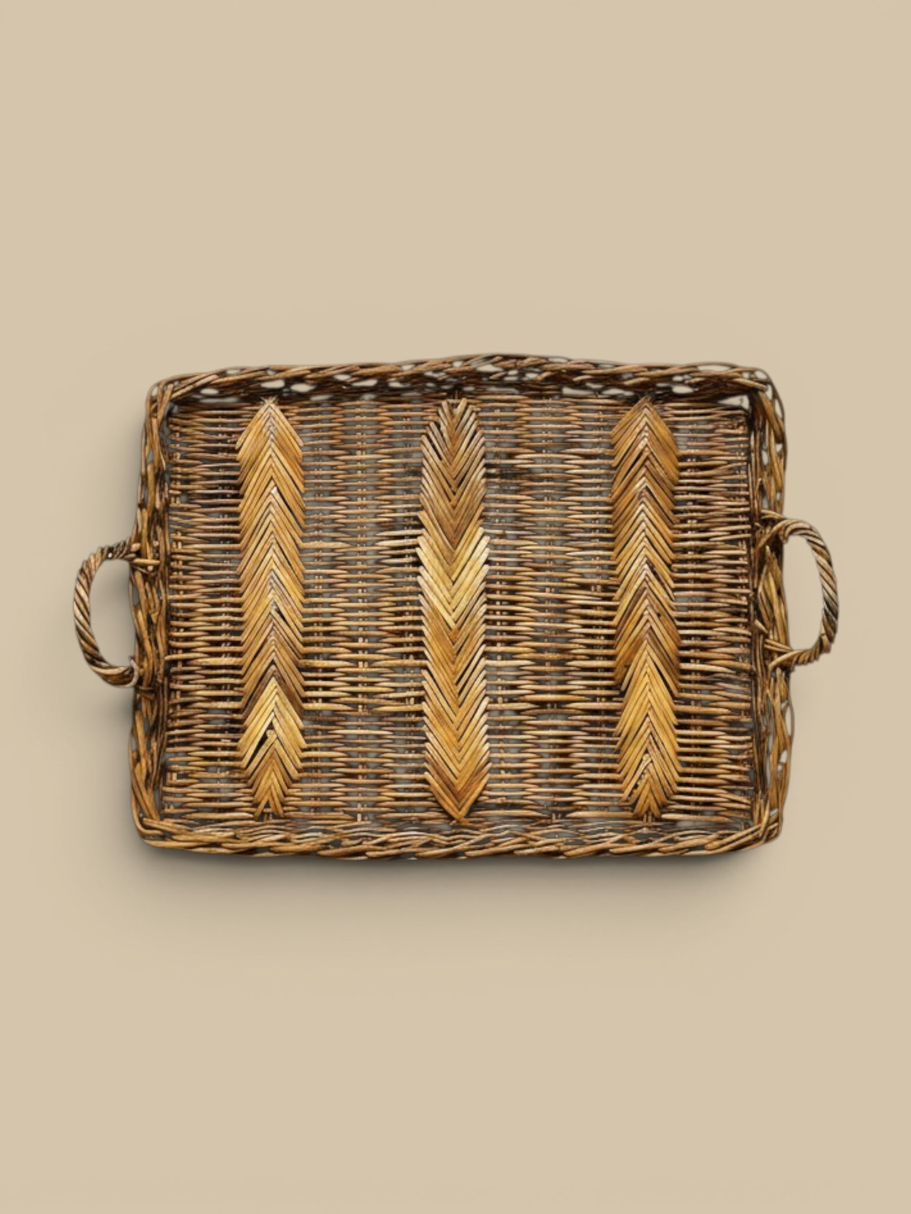 Homestyle Collective Valero Rattan Tray Set with herringbone weave and handles. Natural brown.