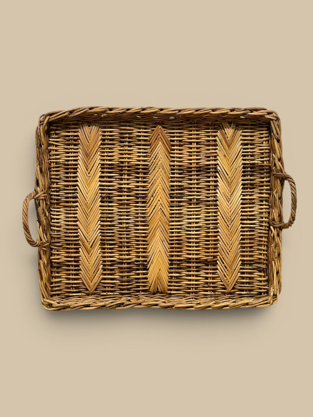 Homestyle Collective Valero Rattan Tray Set, natural brown herringbone weave, with rope handles. Set of 2.