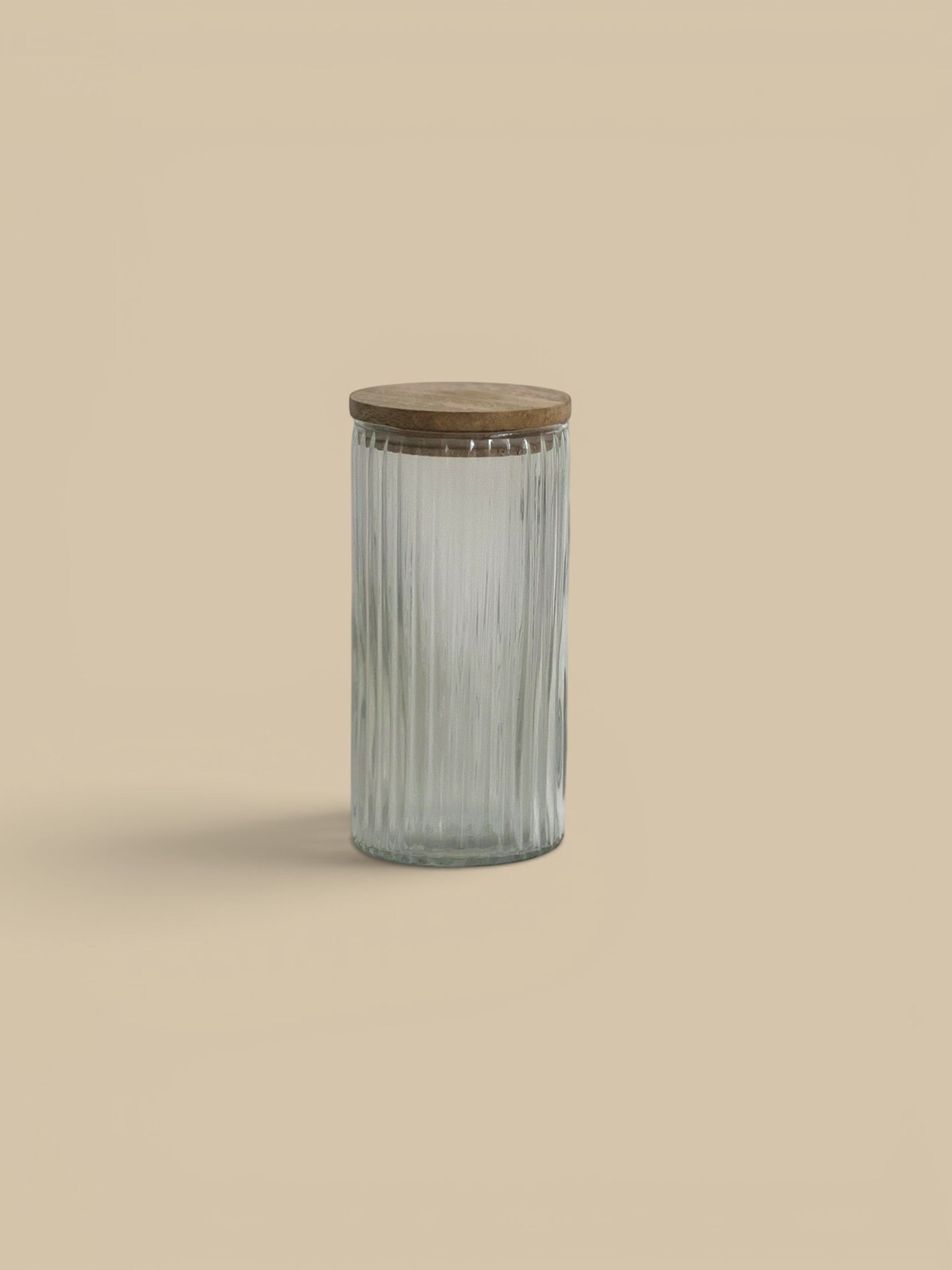 Homestyle Collective Clara ribbed glass canisters with wooden lids, set of two, clear glass.