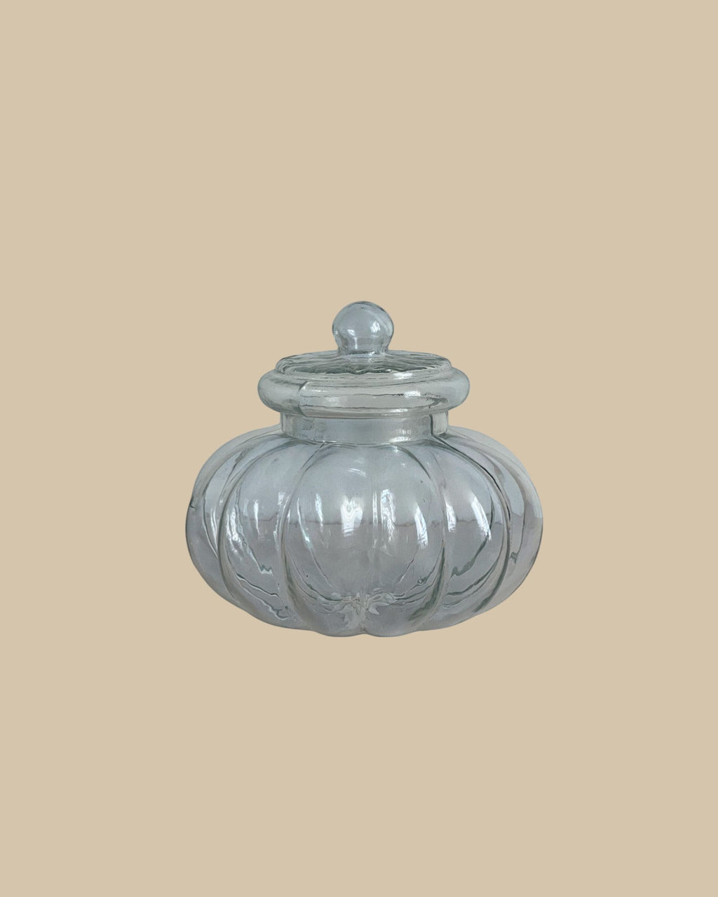 Homestyle Collective clear ribbed glass jar with lid, pumpkin-shaped design for stylish storage.