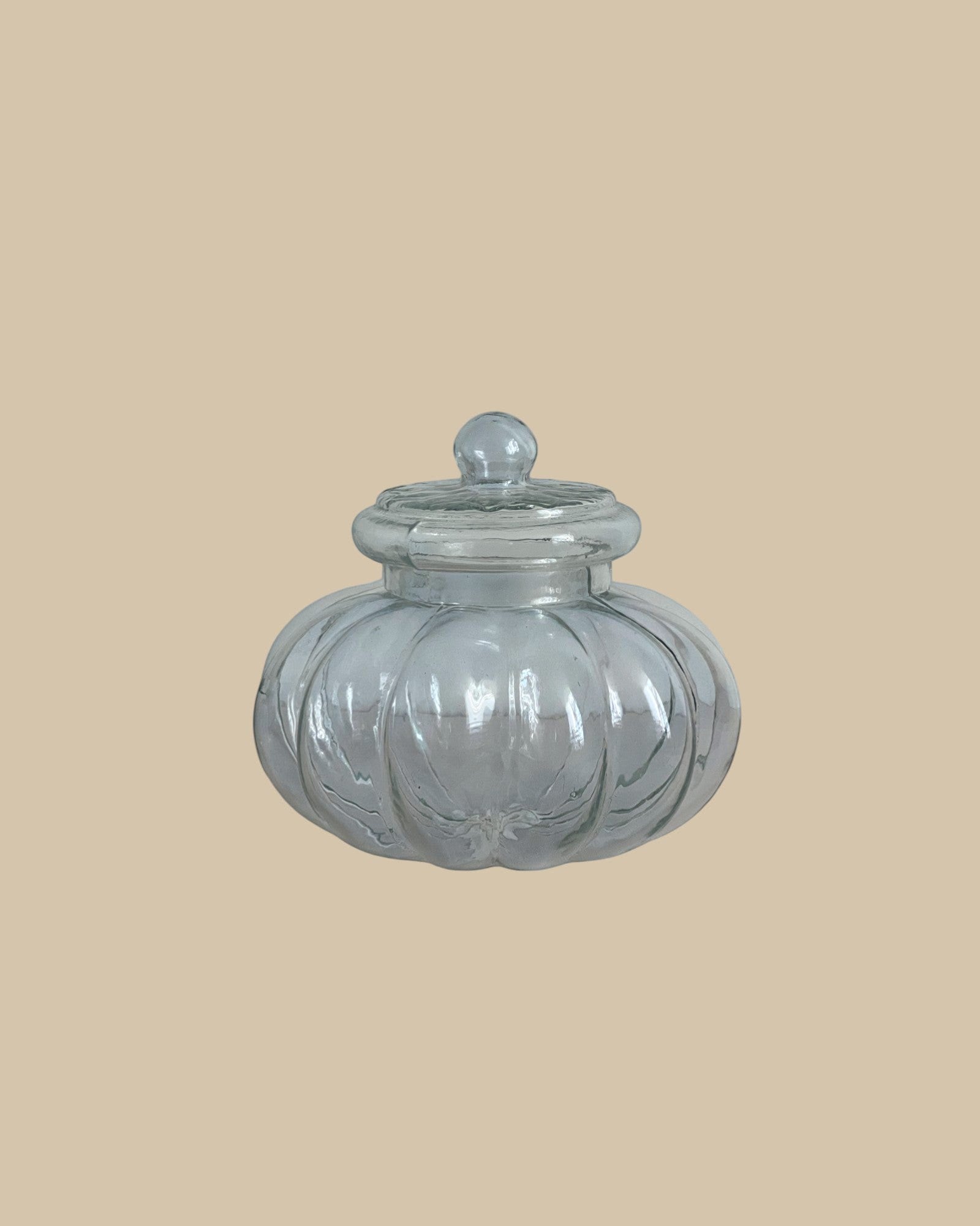 Homestyle Collective clear ribbed glass jar with lid, pumpkin-shaped design for stylish storage.