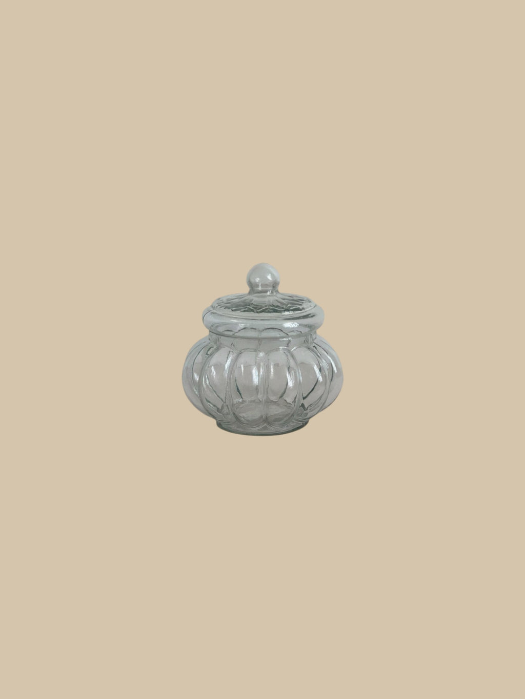 Homestyle Collective clear glass ribbed jar with lid, pumpkin-shaped design for kitchen storage.