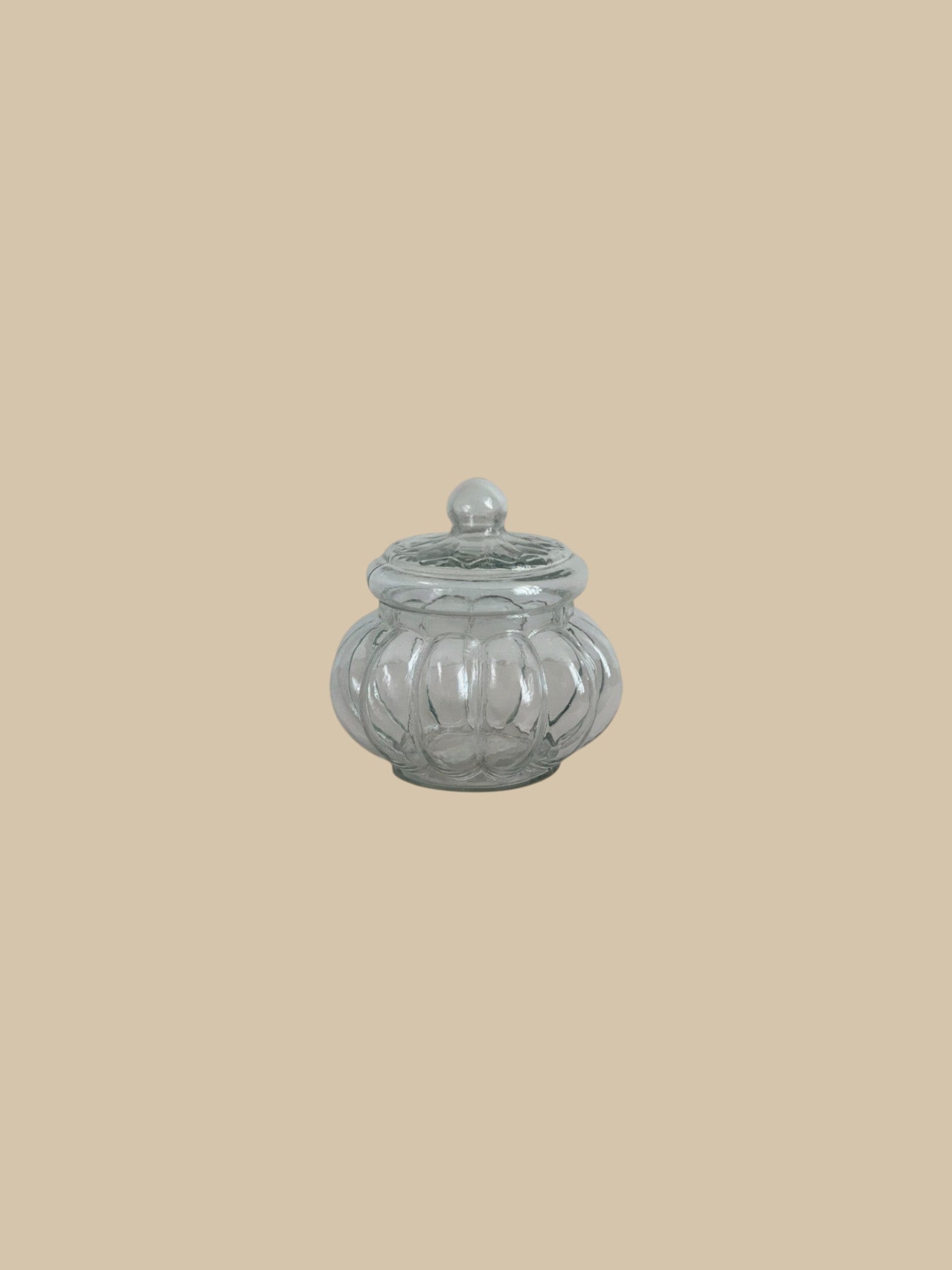 Homestyle Collective clear glass ribbed jar with lid, pumpkin-shaped design for kitchen storage.