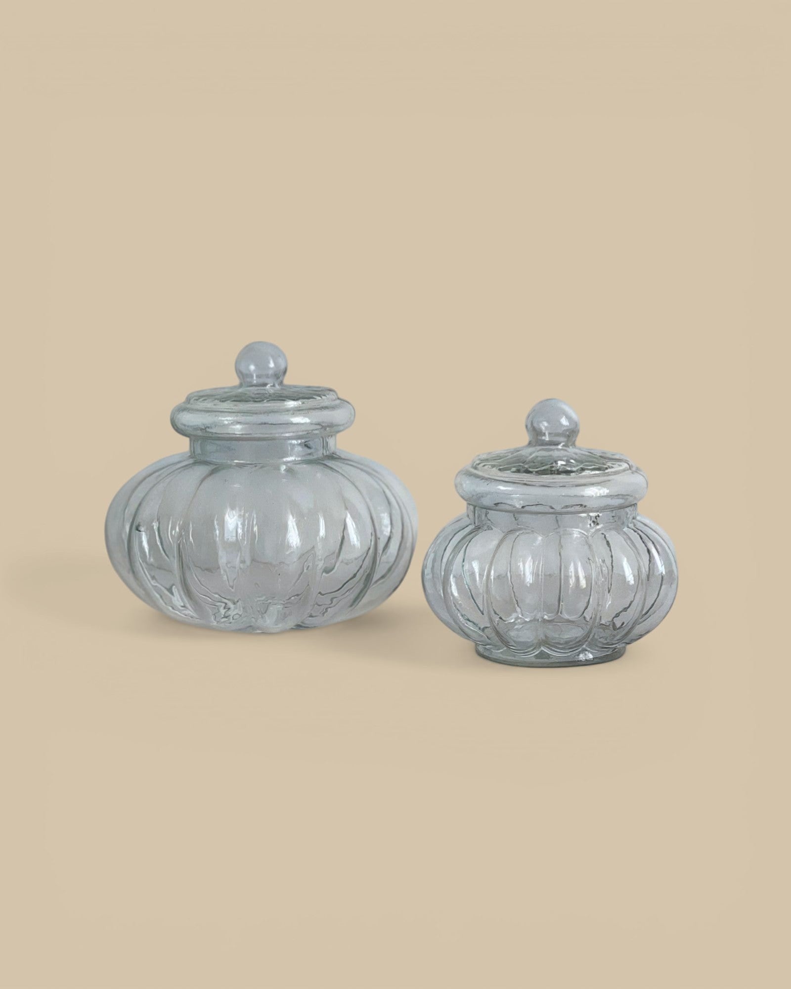 Homestyle Collective clear glass ribbed pumpkin-shaped canisters with lids, small and large sizes.