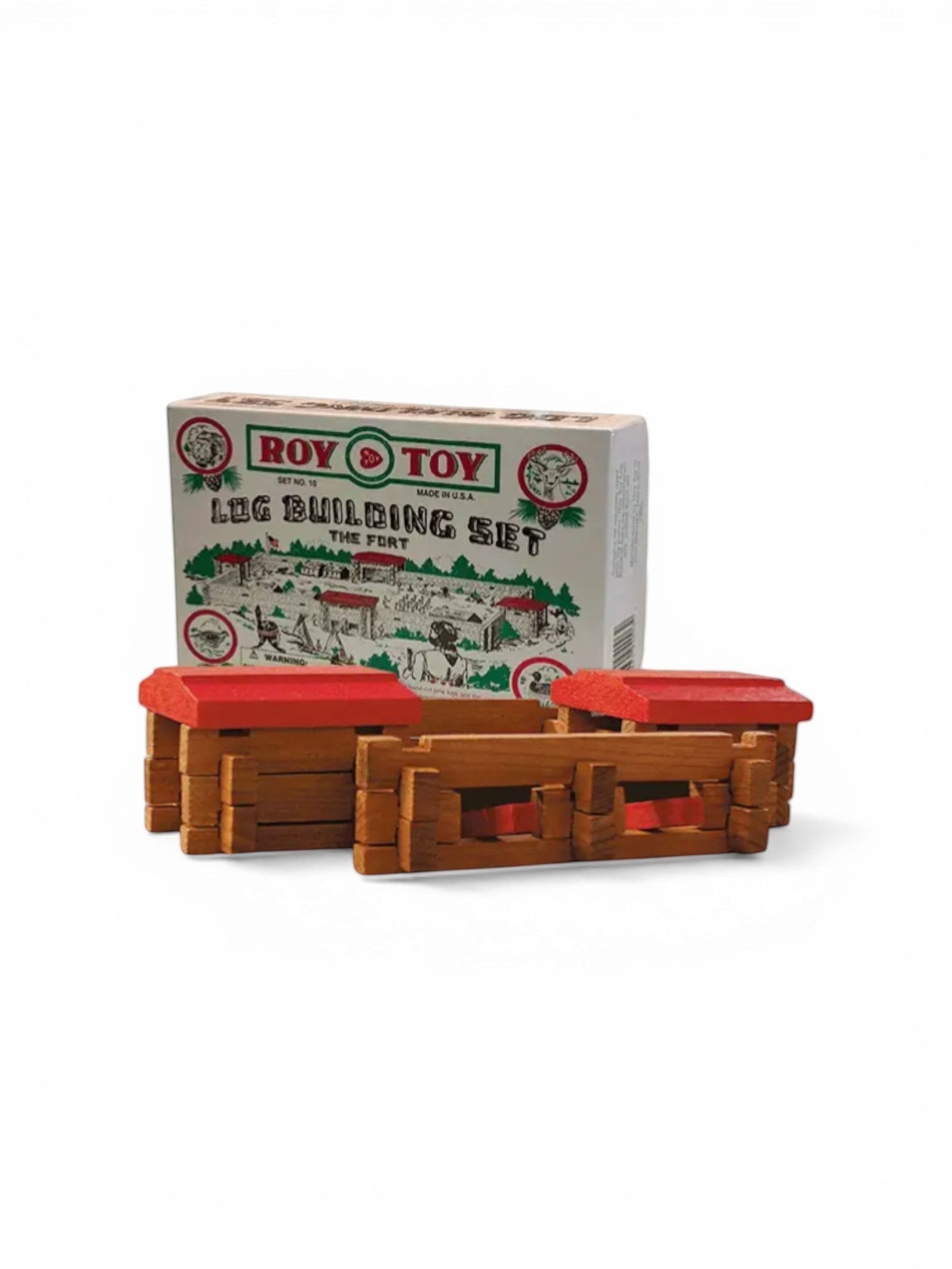 Homestyle Collective Roy Toy 1930s wooden log building set with red roofs, made in USA.
