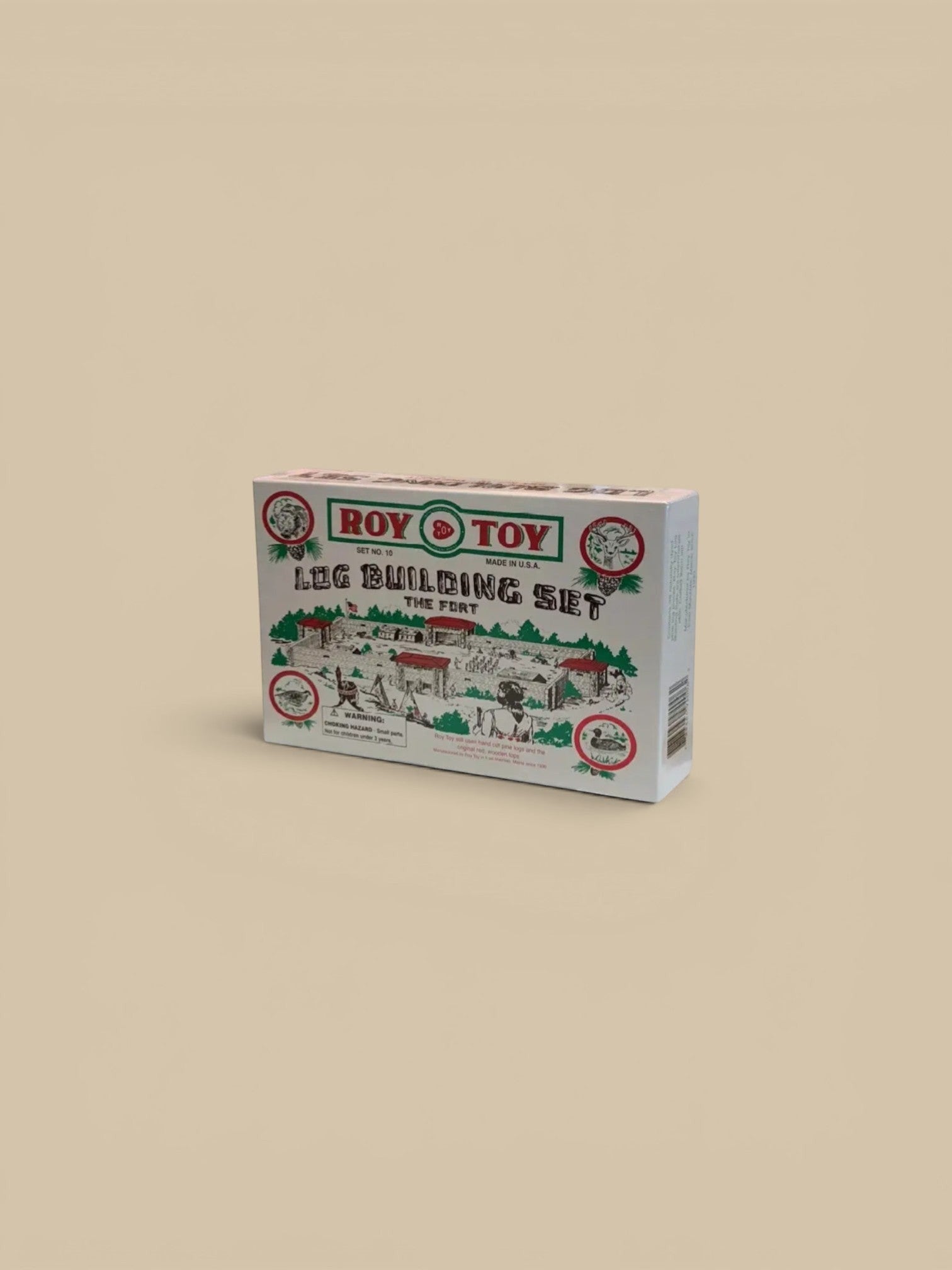 Homestyle Collective Roy Toy 1930s Log Building Set 'The Fort' wooden toy box with rustic fort illustration.