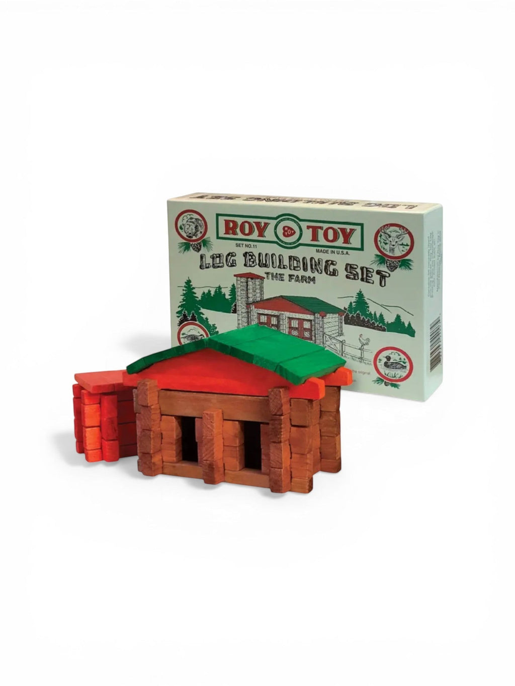 Homestyle Collective Roy Toy 1930's Log Building Set, wooden construction toy with red and green roof pieces.