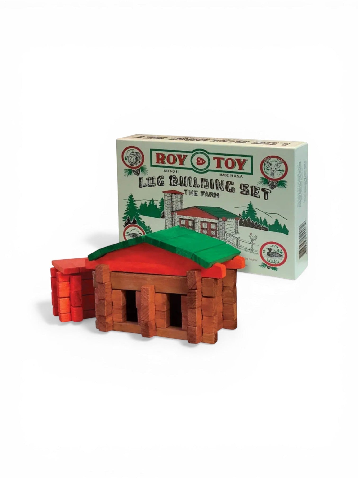 Homestyle Collective Roy Toy 1930's Log Building Set, wooden construction toy with red and green roof pieces.