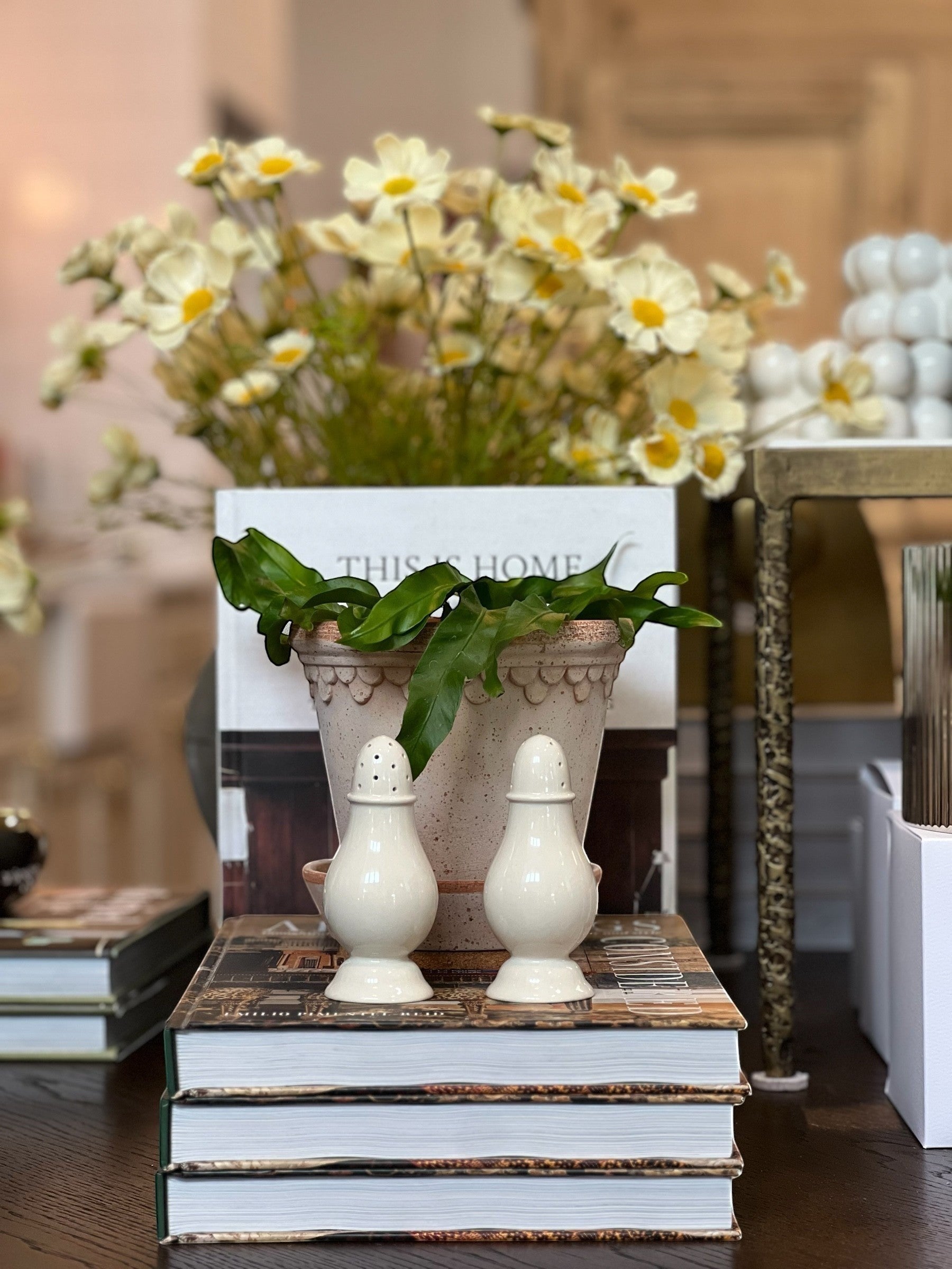 Homestyle Collective Surrey Salt & Pepper Stoneware Shakers, cream-colored ceramic, set of 2, classic design.