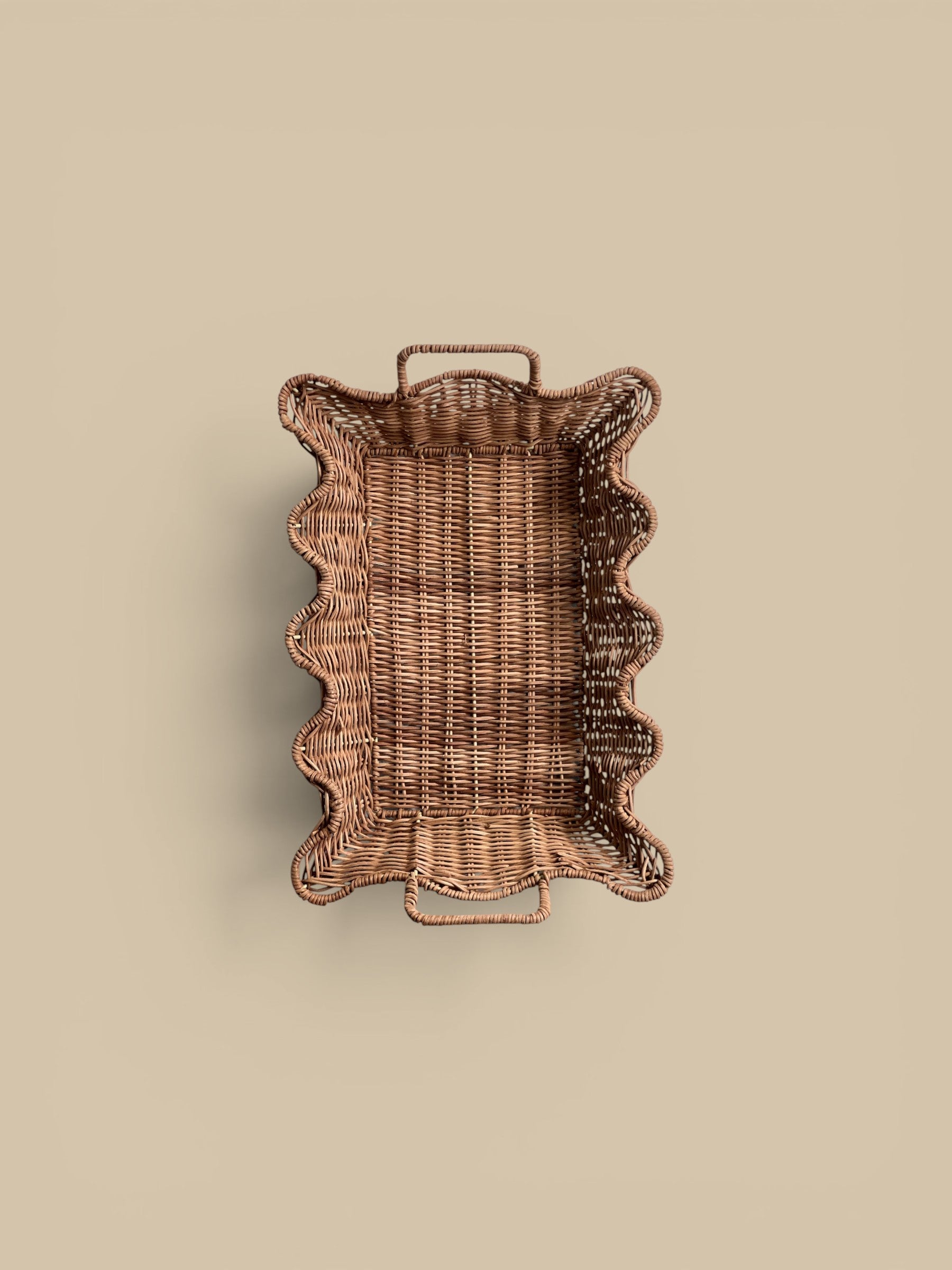 Homestyle Collective scalloped nesting rattan tray set with handles, natural finish. Perfect for decor or serving.