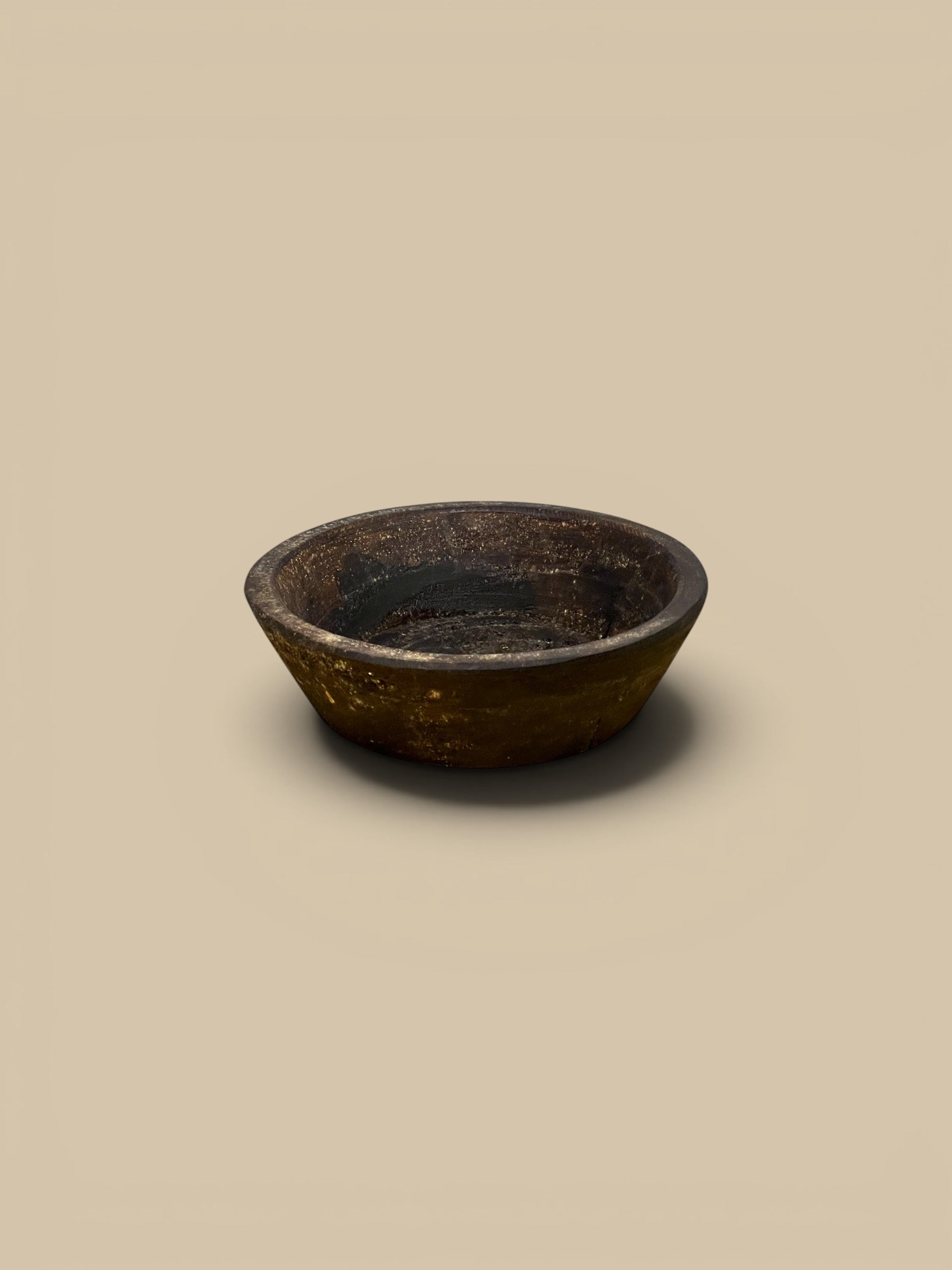 Homestyle Collective small dark brown reclaimed wood dough bowl with rustic texture and patina.