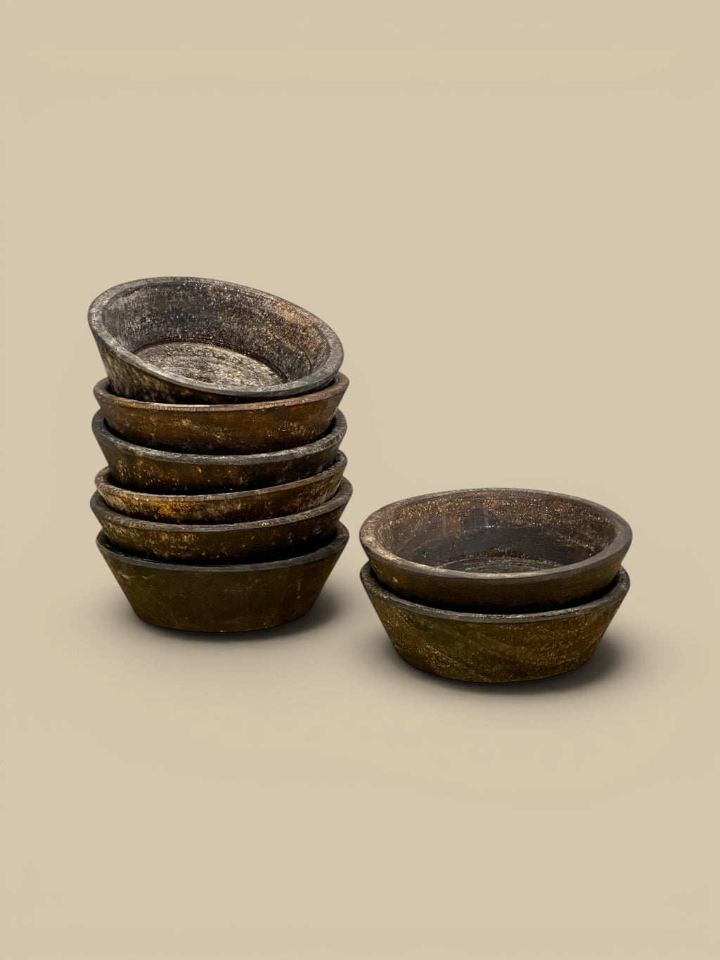 Homestyle Collective small dark brown reclaimed wood dough bowl with rustic patina, 8" L x 8" W x 3.5" H.