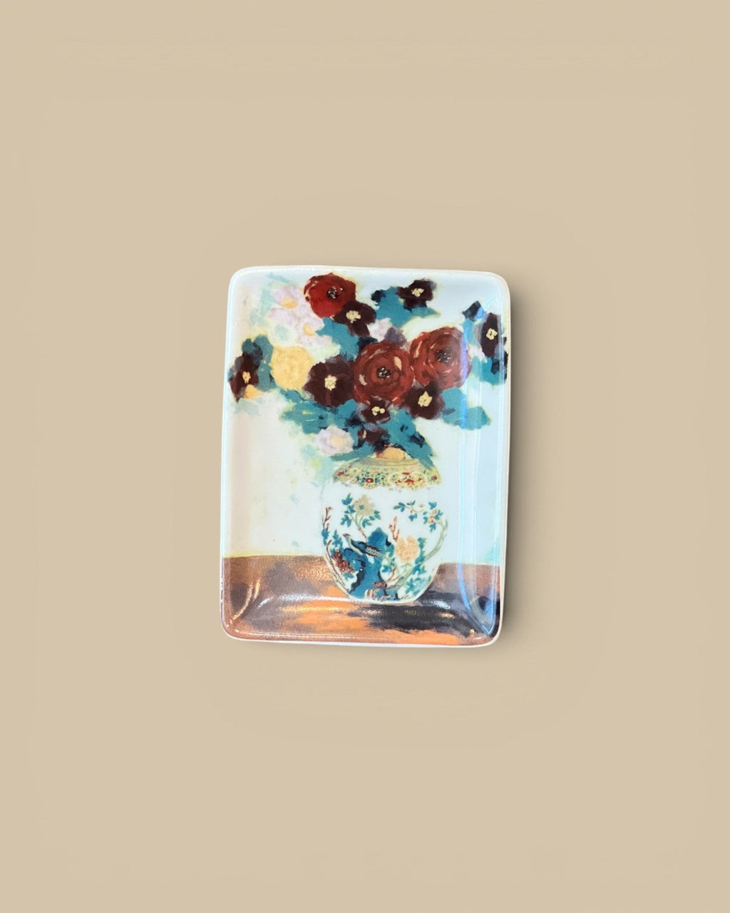 Homestyle Collective stoneware tray with a still-life floral vase painting, featuring red, yellow, and white flowers.