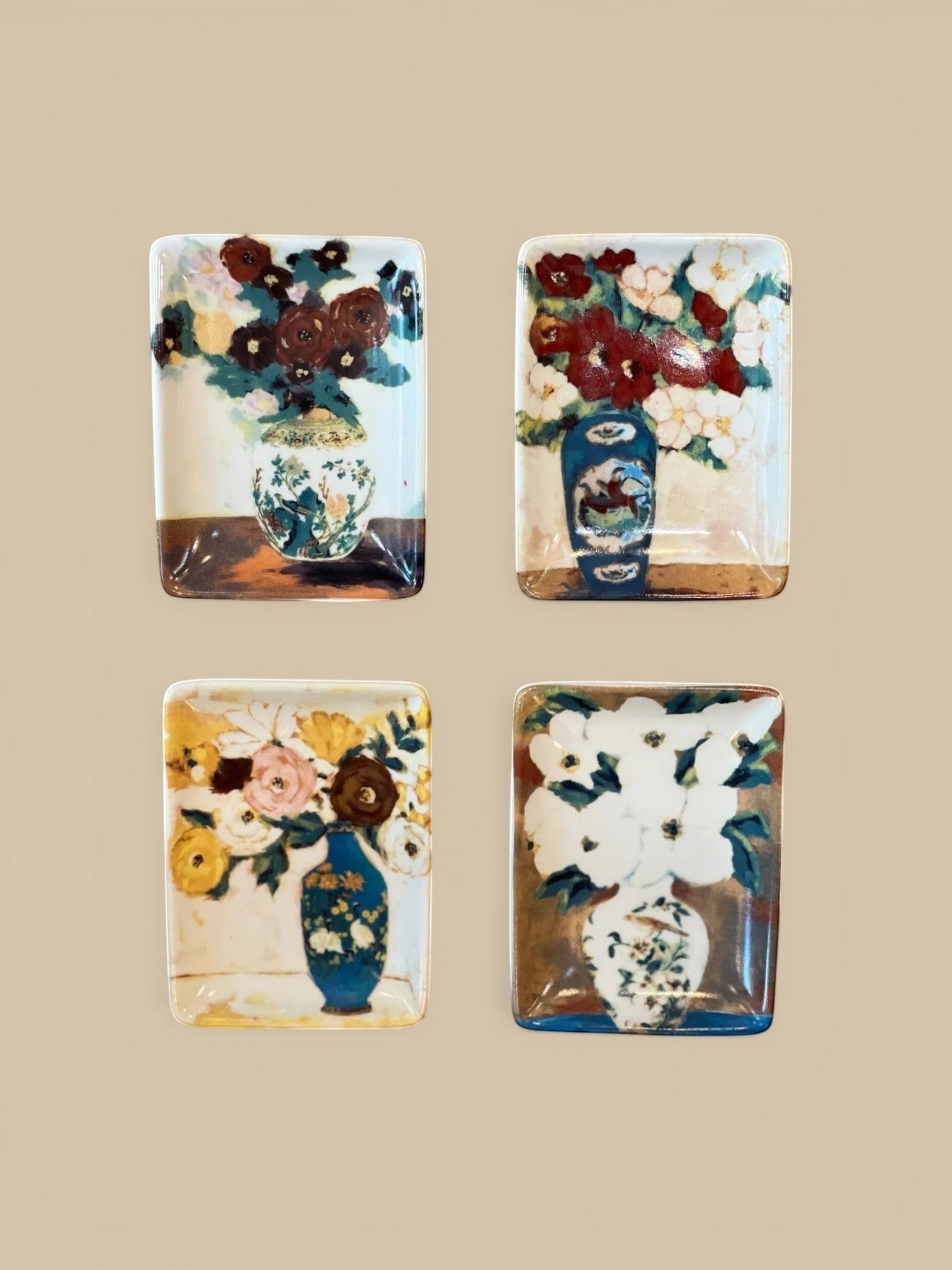 Homestyle Collective stoneware tray with floral still-life art, available in 4 styles. Small decorative dish.