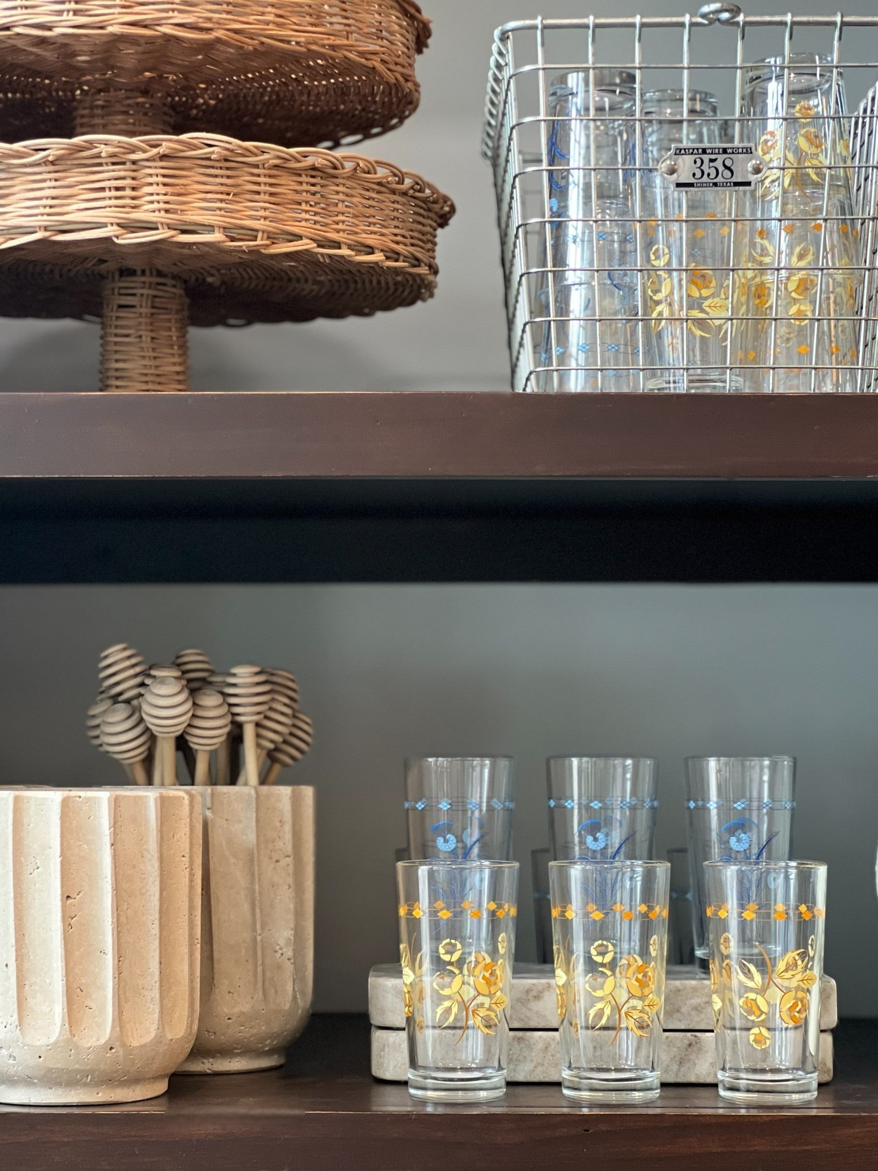 Homestyle Collective Sunny Bloom glass set with yellow floral pattern. Classic silhouette, 8.45 oz capacity.