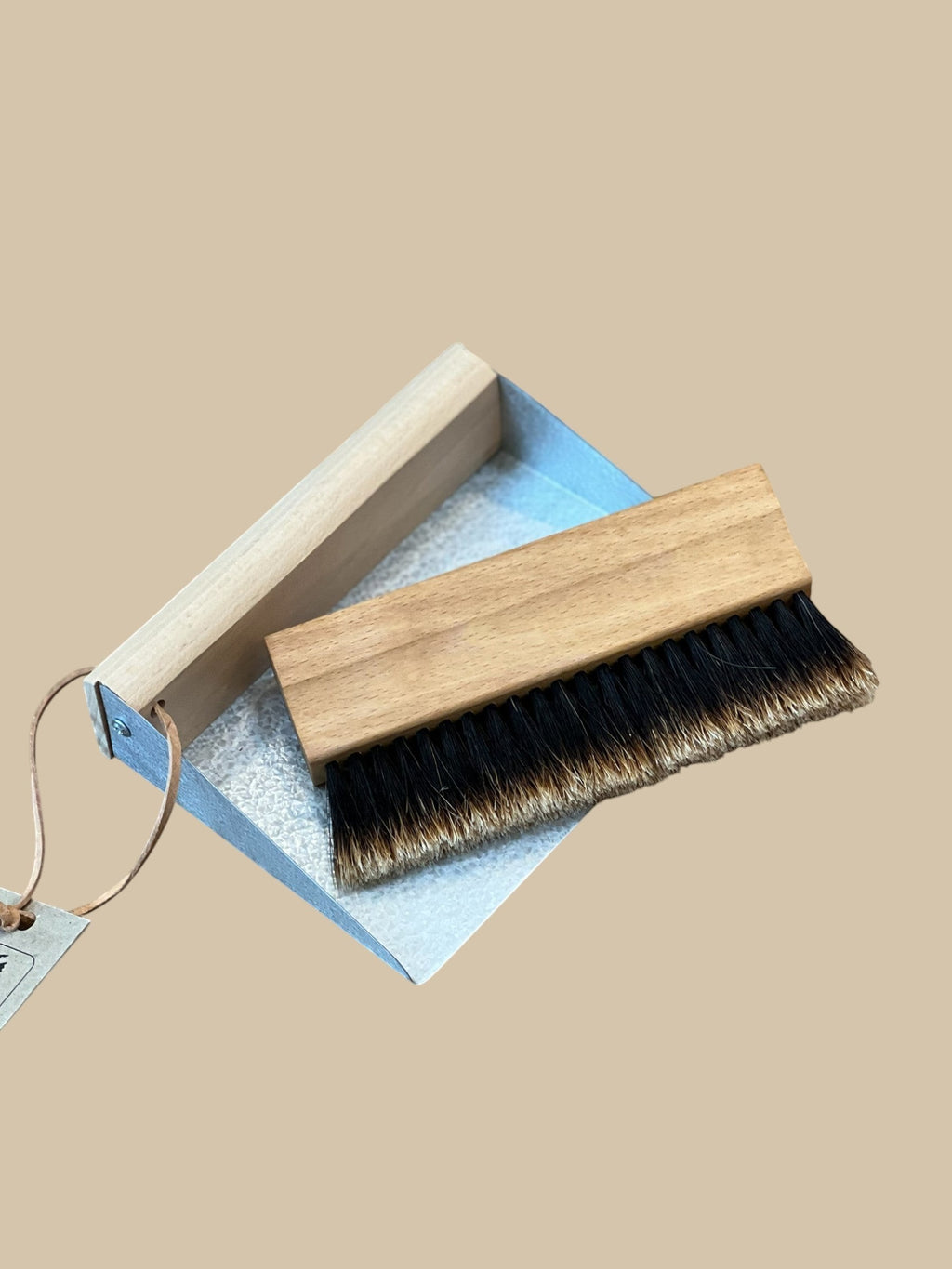 Homestyle Collective Urbana table brush set with natural fiber bristles and oiled beechwood handle, nests in galvanized metal pan.