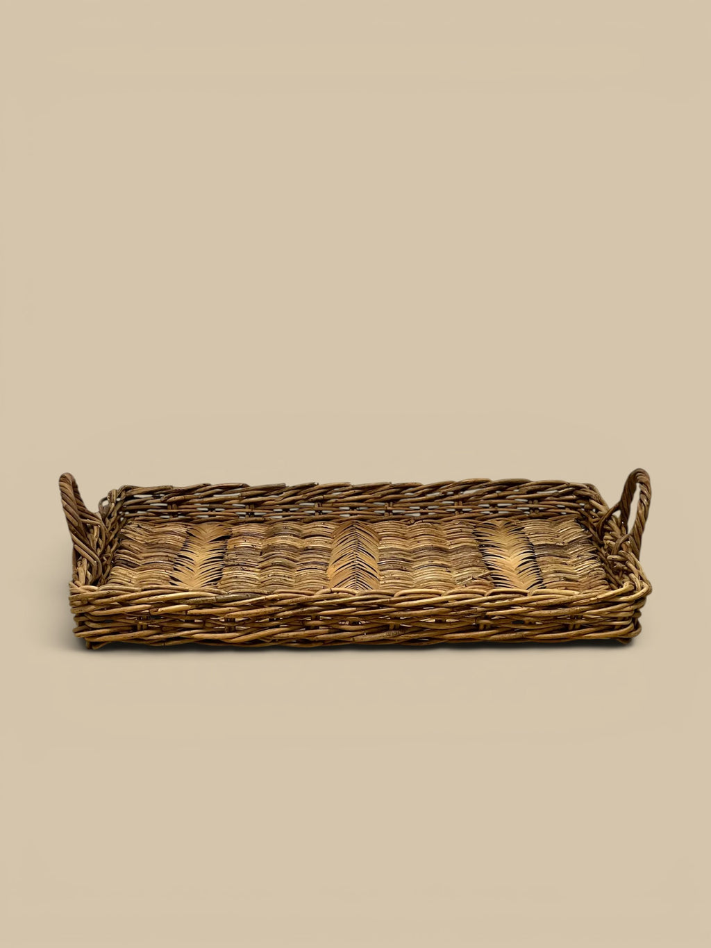 Homestyle Collective Valero Rattan Tray Set, natural woven herringbone pattern, rectangular with handles, set of 2