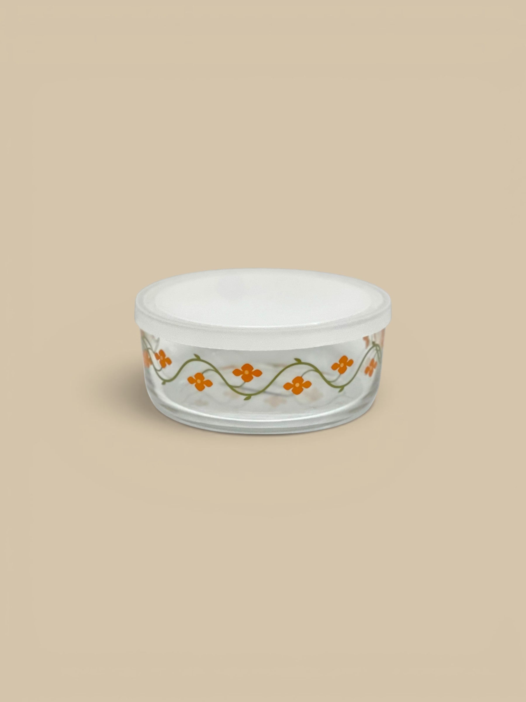 Homestyle Collective vintage floral glass storage bowl with white lid, 24.3 oz capacity.