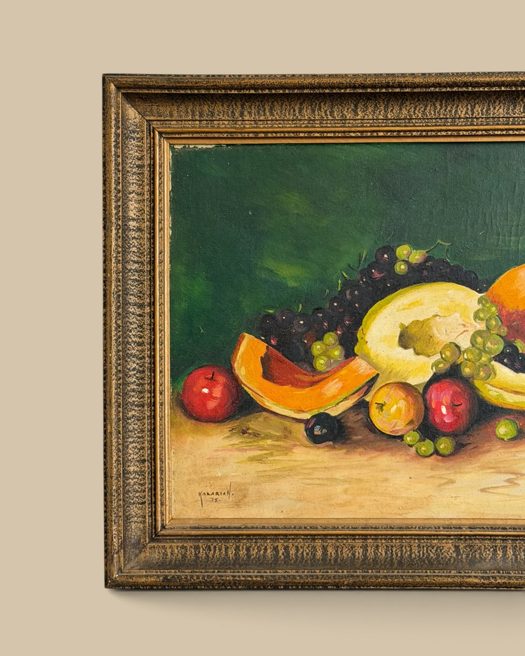 Homestyle Collective vintage 1975 oil painting of fruit on canvas in a chunky dark ornate frame.