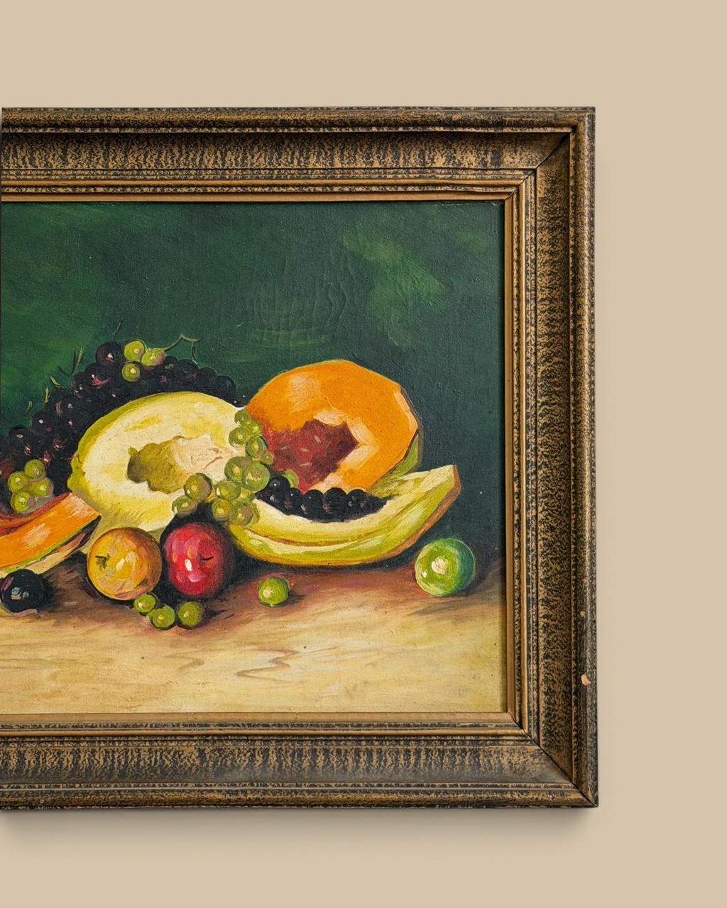 Homestyle Collective vintage 1975 oil painting of fruit on canvas in a dark ornate chunky frame