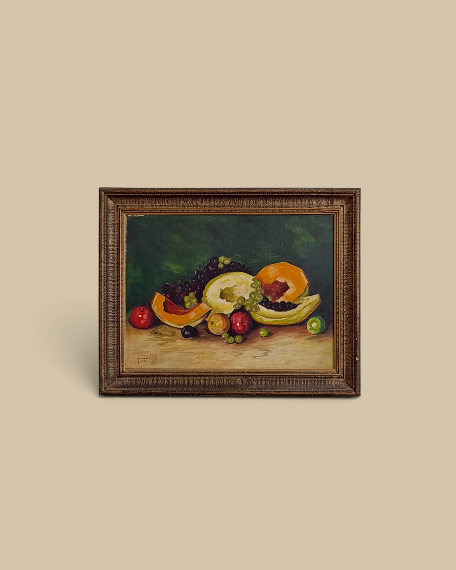 Homestyle Collective vintage 1975 oil painting of fruit on canvas in a decorative chunky wooden frame.