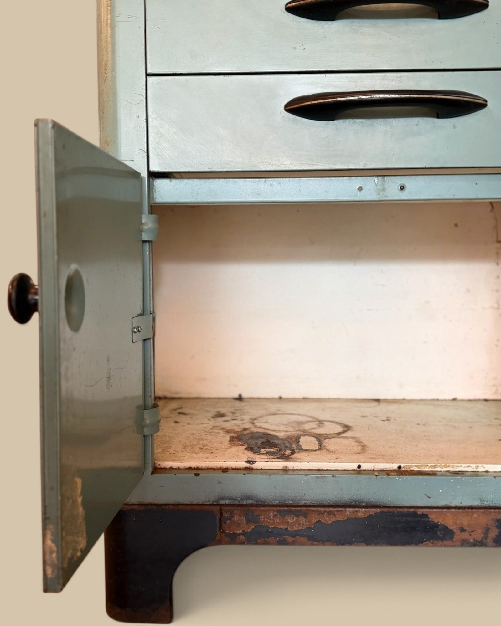 Homestyle Collective vintage blue-green metal medical cabinet with open door and drawer storage