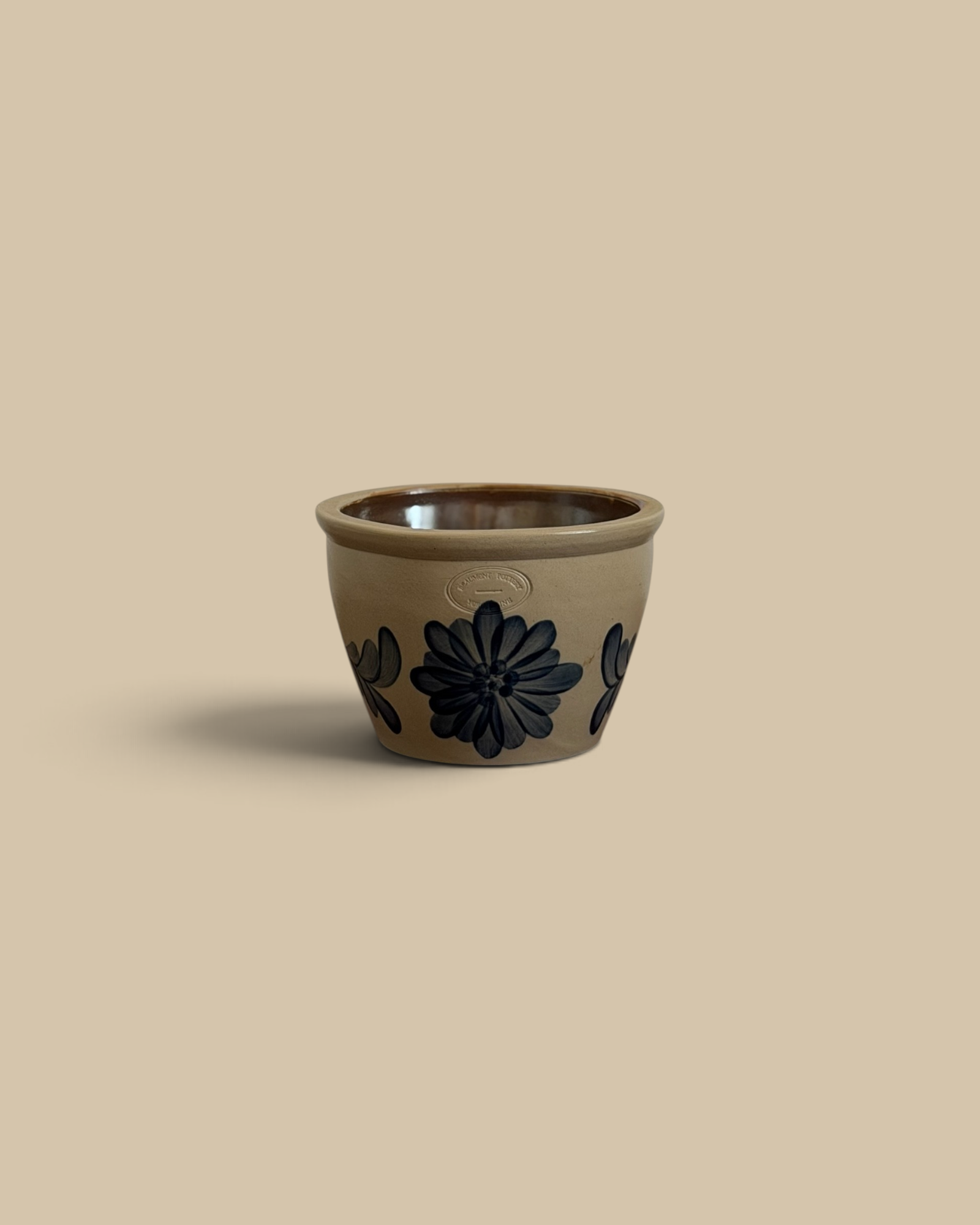 Homestyle Collective vintage Beaumont Pottery salt-glazed stoneware crock with hand-painted cobalt-blue floral design