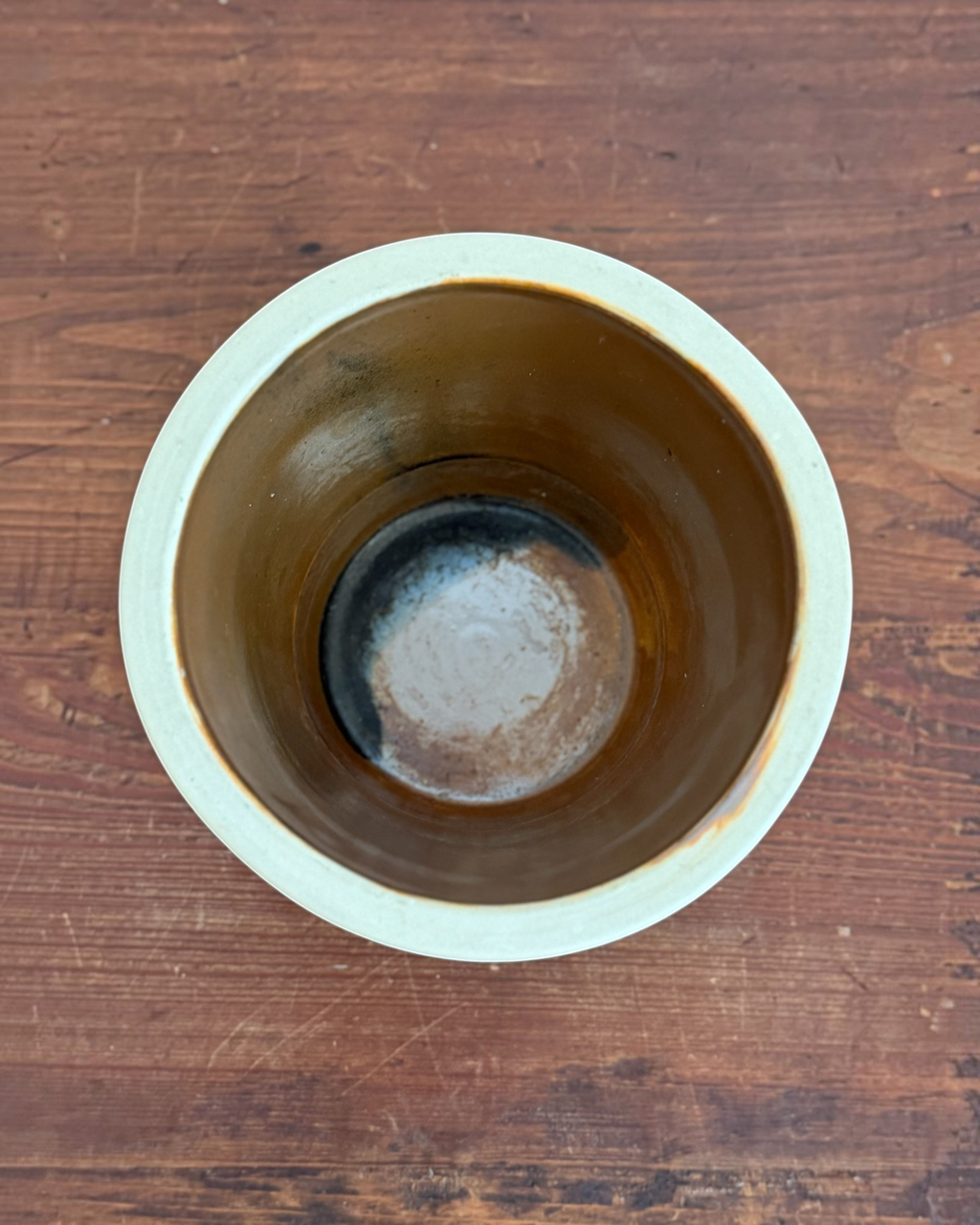 Homestyle Collective vintage Beaumont Pottery stoneware crock with a smooth brown interior and flared rim