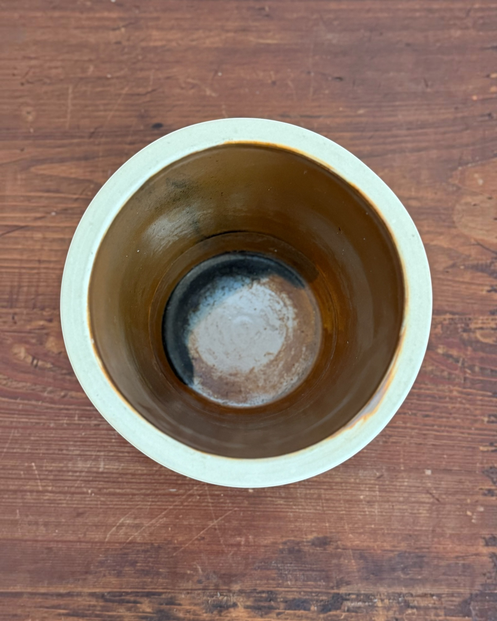 Homestyle Collective vintage Beaumont Pottery stoneware crock with a smooth brown interior and flared rim