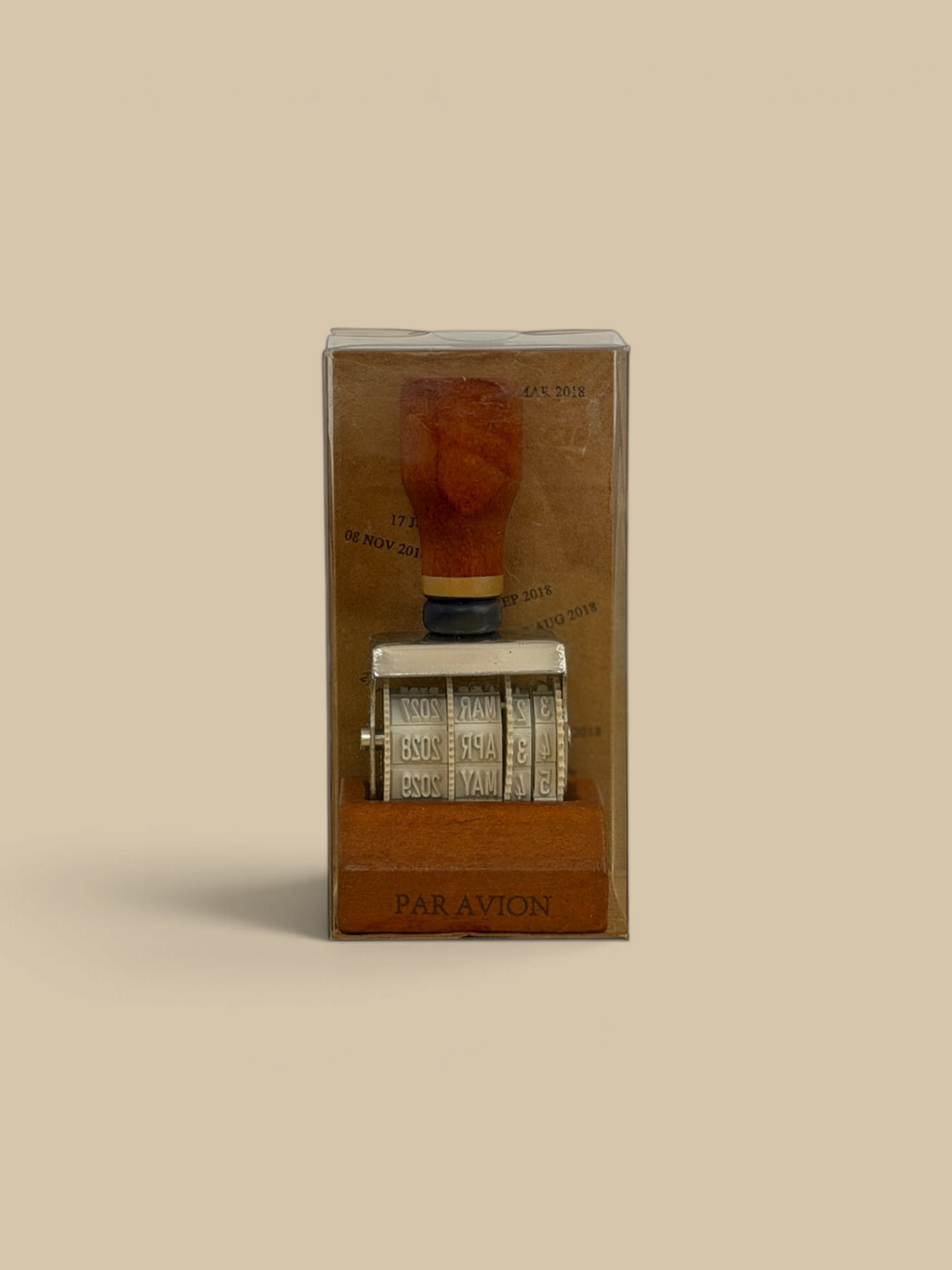 Homestyle Collective vintage-style date stamp with a wooden handle and adjustable metal date wheels in clear packaging.