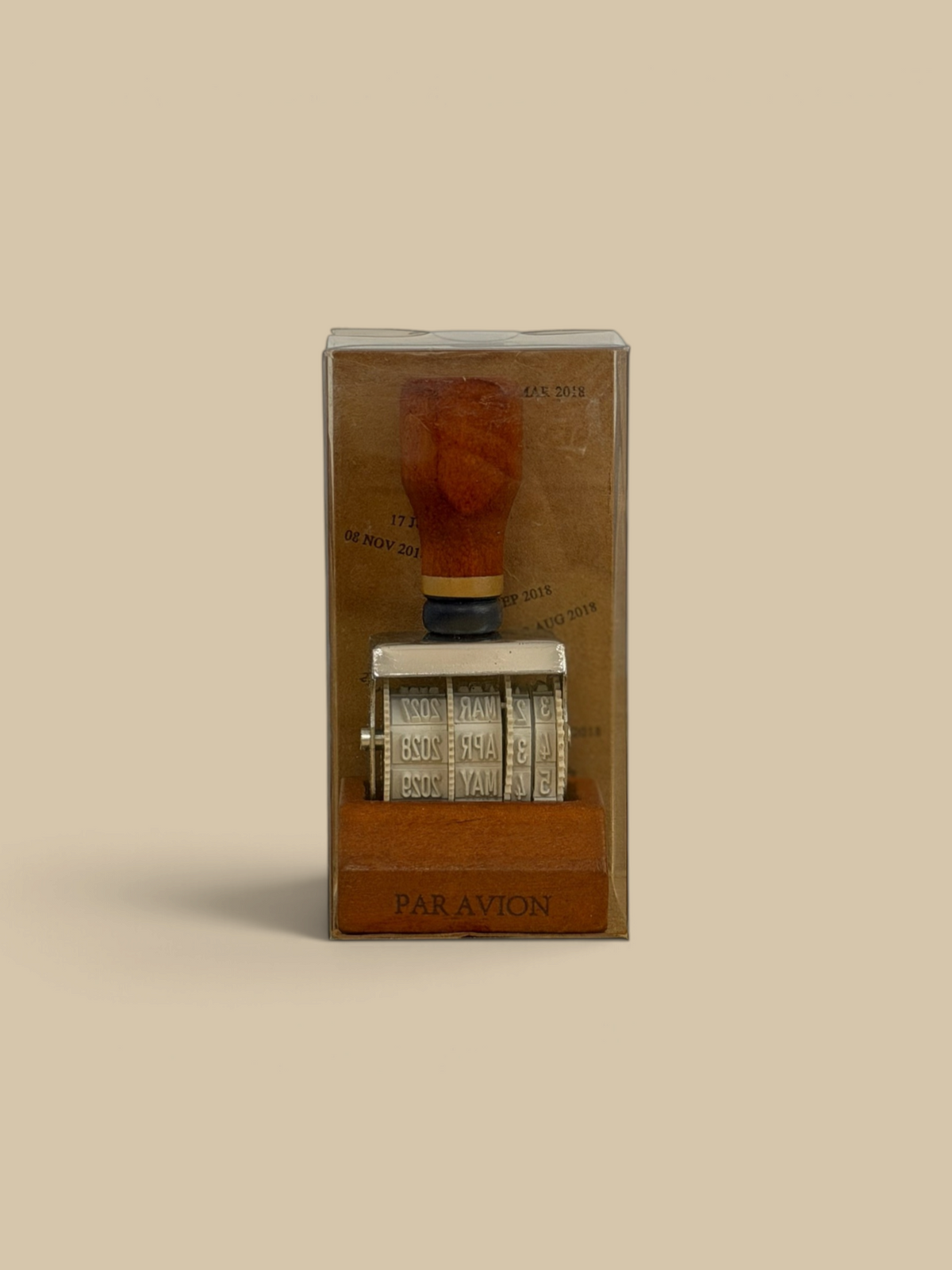 Homestyle Collective vintage-style date stamp with a wooden handle and adjustable metal date wheels in clear packaging.