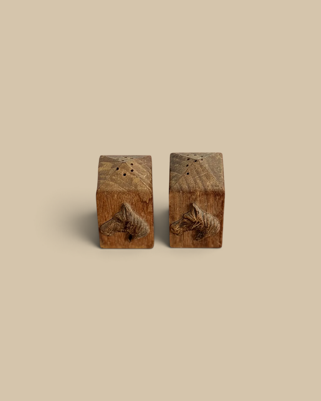 Homestyle Collective vintage solid walnut horse salt and pepper shakers with copper Lincoln Tomb emblems