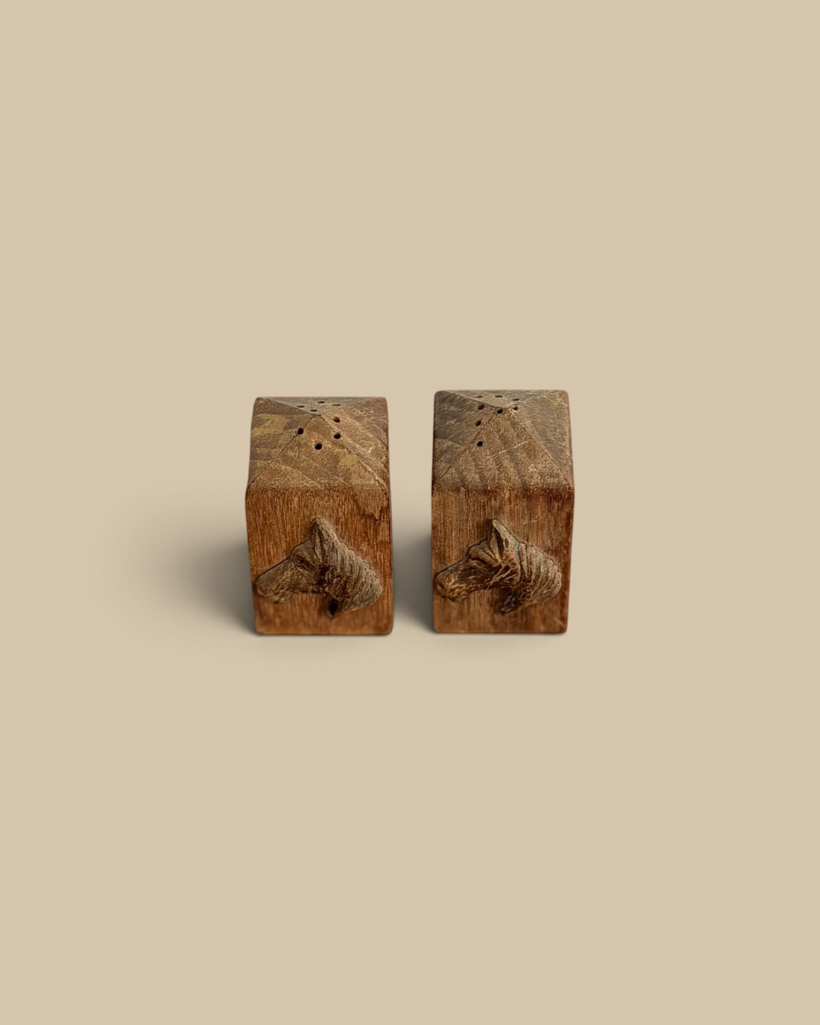 Homestyle Collective vintage solid walnut horse salt and pepper shakers with copper Lincoln Tomb emblems